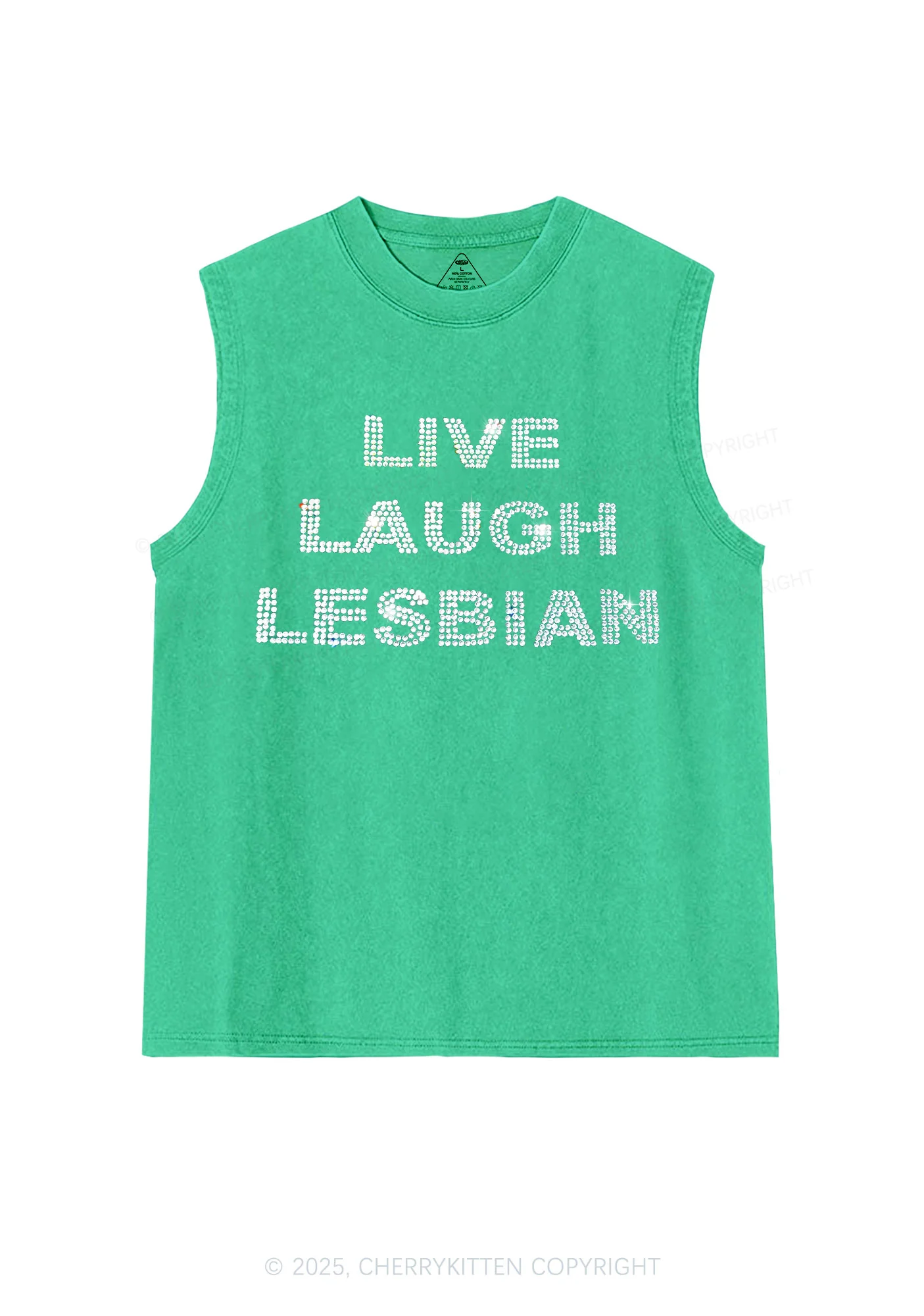 Rhinestone Live Laugh Lesbian Pride Y2K Washed Muscle Tank Cherrykitten - Image 5