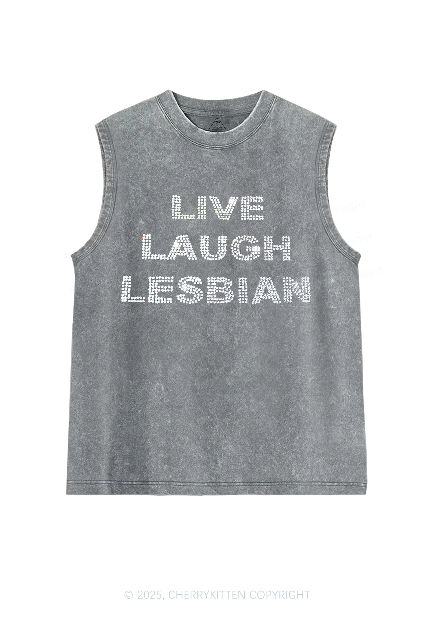 Rhinestone Live Laugh Lesbian Pride Y2K Washed Muscle Tank Cherrykitten - Image 6