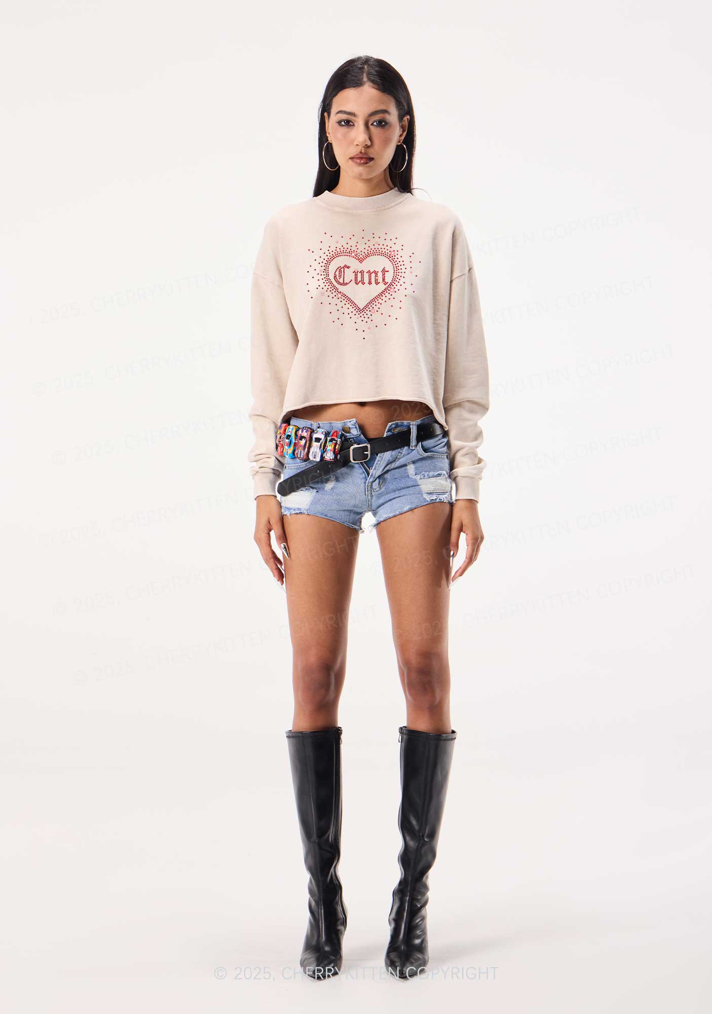 Rhinestone Love Cxxt Y2K Crop Washed Sweatshirts Cherrykitten - Image 2