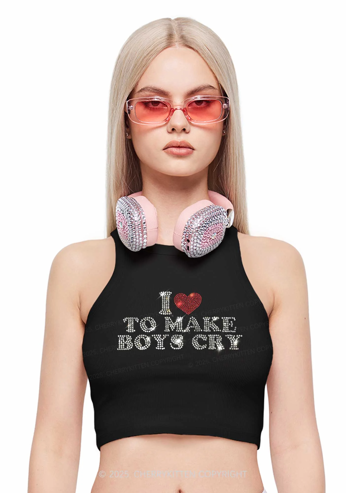 Rhinestone Love To Make Boys Cry Y2K Crop Tank Top Cherrykitten - Image 2