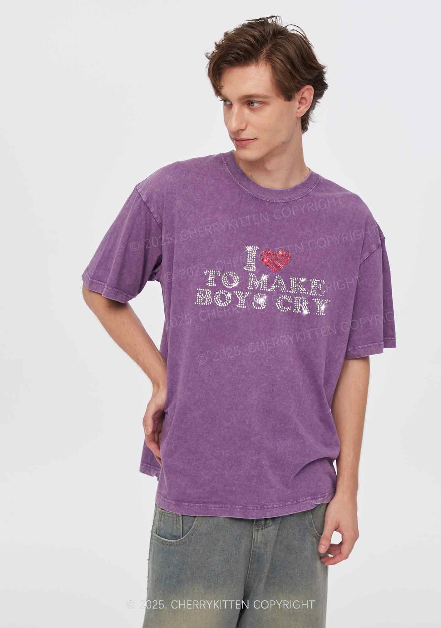 Rhinestone Love To Make Boys Cry Y2K Shirts Washed Tee Cherrykitten - Image 2