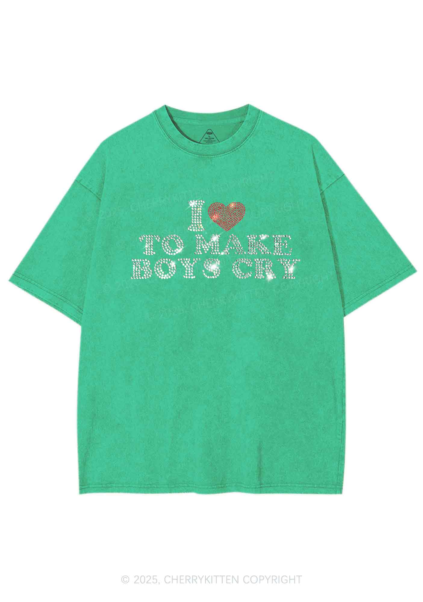 Rhinestone Love To Make Boys Cry Y2K Shirts Washed Tee Cherrykitten - Image 3