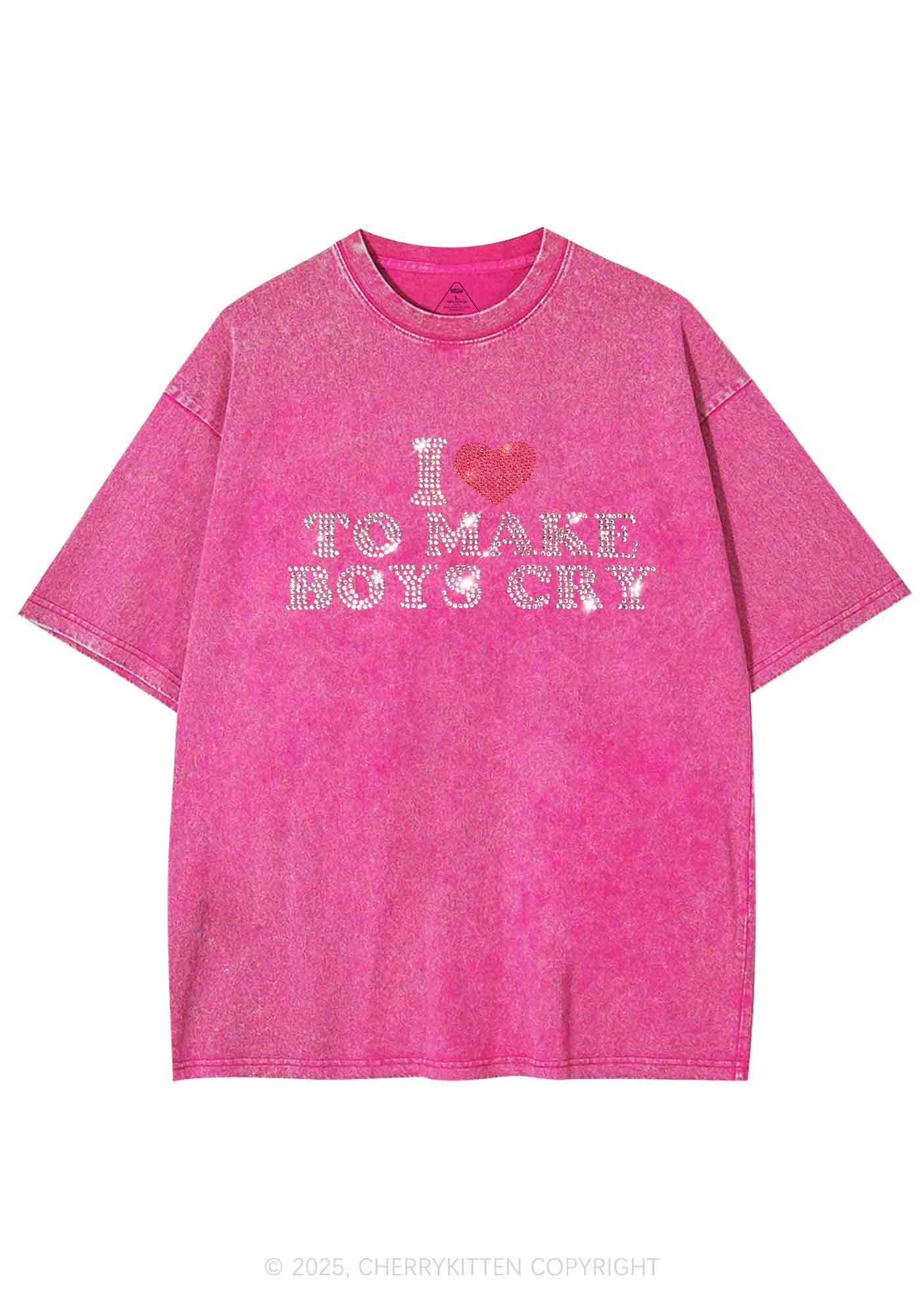 Rhinestone Love To Make Boys Cry Y2K Shirts Washed Tee Cherrykitten - Image 4