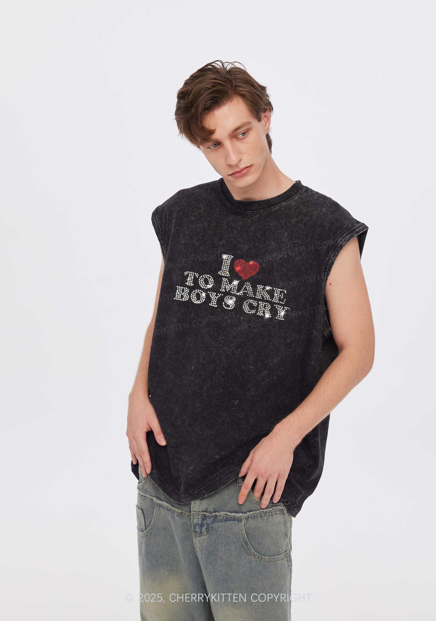 Rhinestone Love To Make Boys Cry Y2K Washed Muscle Tank Cherrykitten - Image 2
