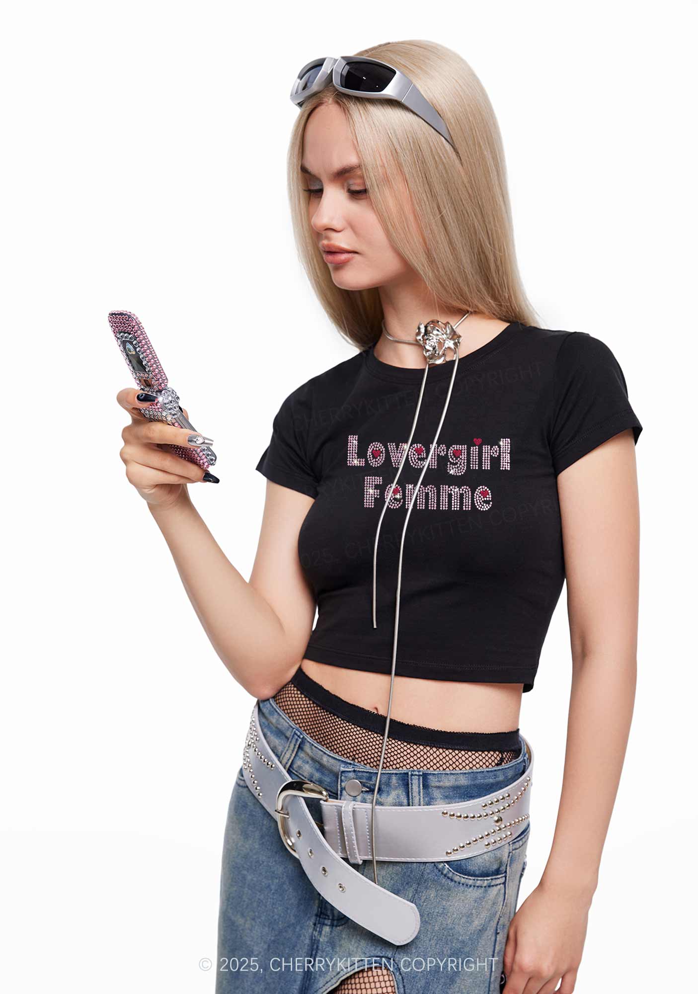 Rhinestone Lovergirl Femme Y2K Baby Tee Cherrykitten - Image 2