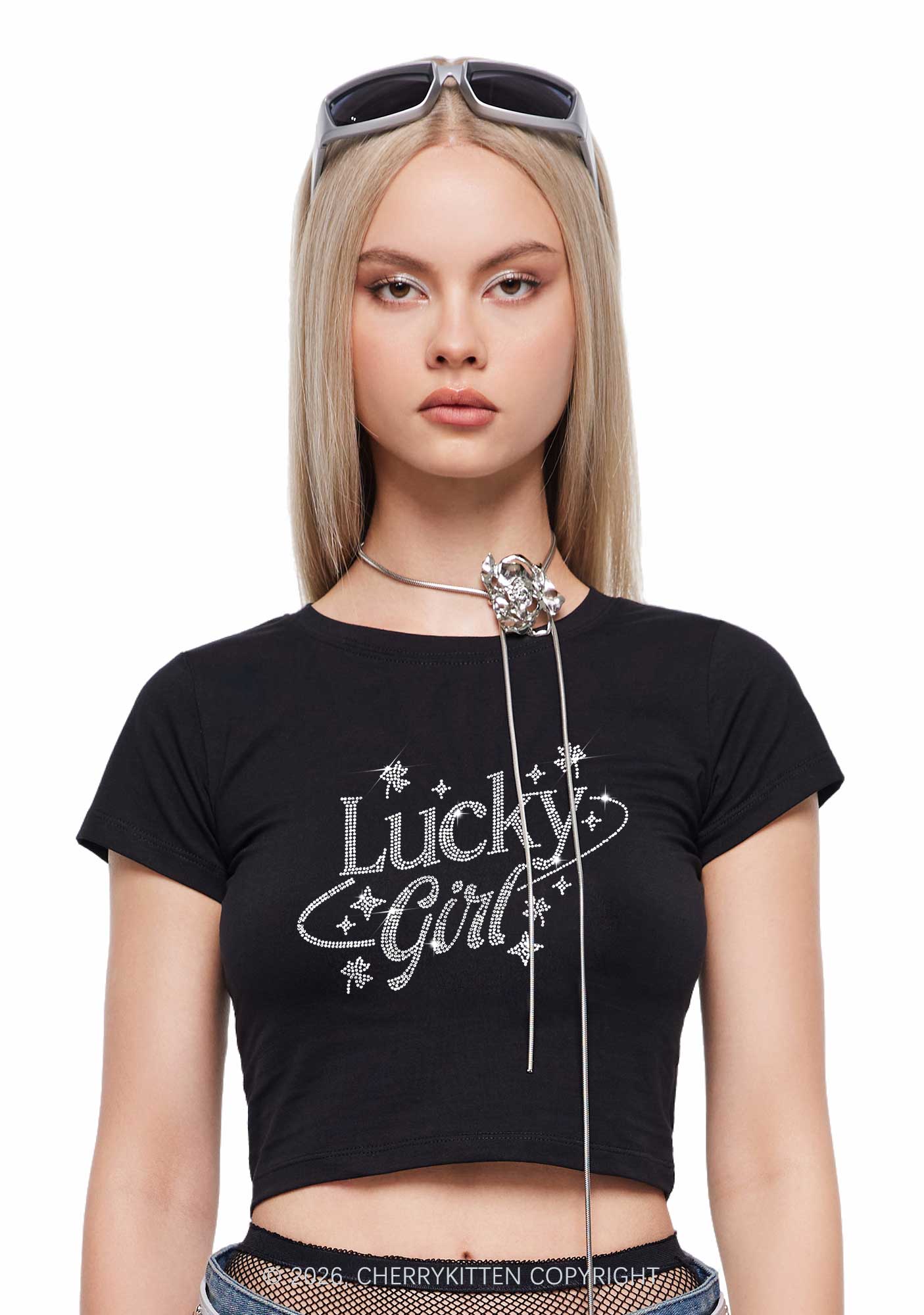 Rhinestone Lucky Girl St Patricks Y2K Baby Tee Cherrykitten - Image 2