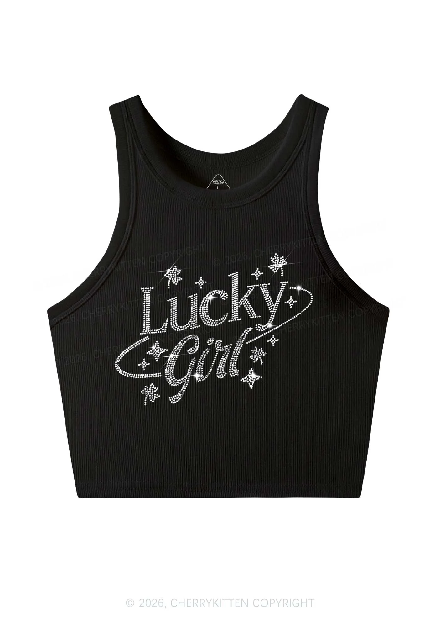 Rhinestone Lucky Girl St Patricks Y2K Crop Tank Top Cherrykitten - Image 2
