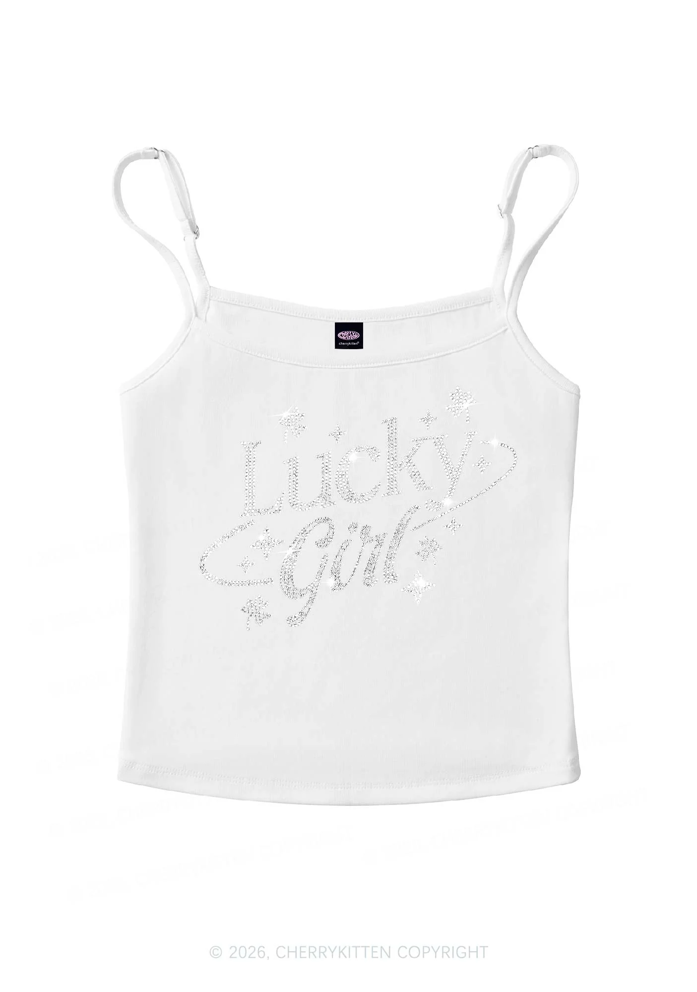 Rhinestone Lucky Girl St Patricks Y2K Spaghetti Strap Cami Cherrykitten - Image 3