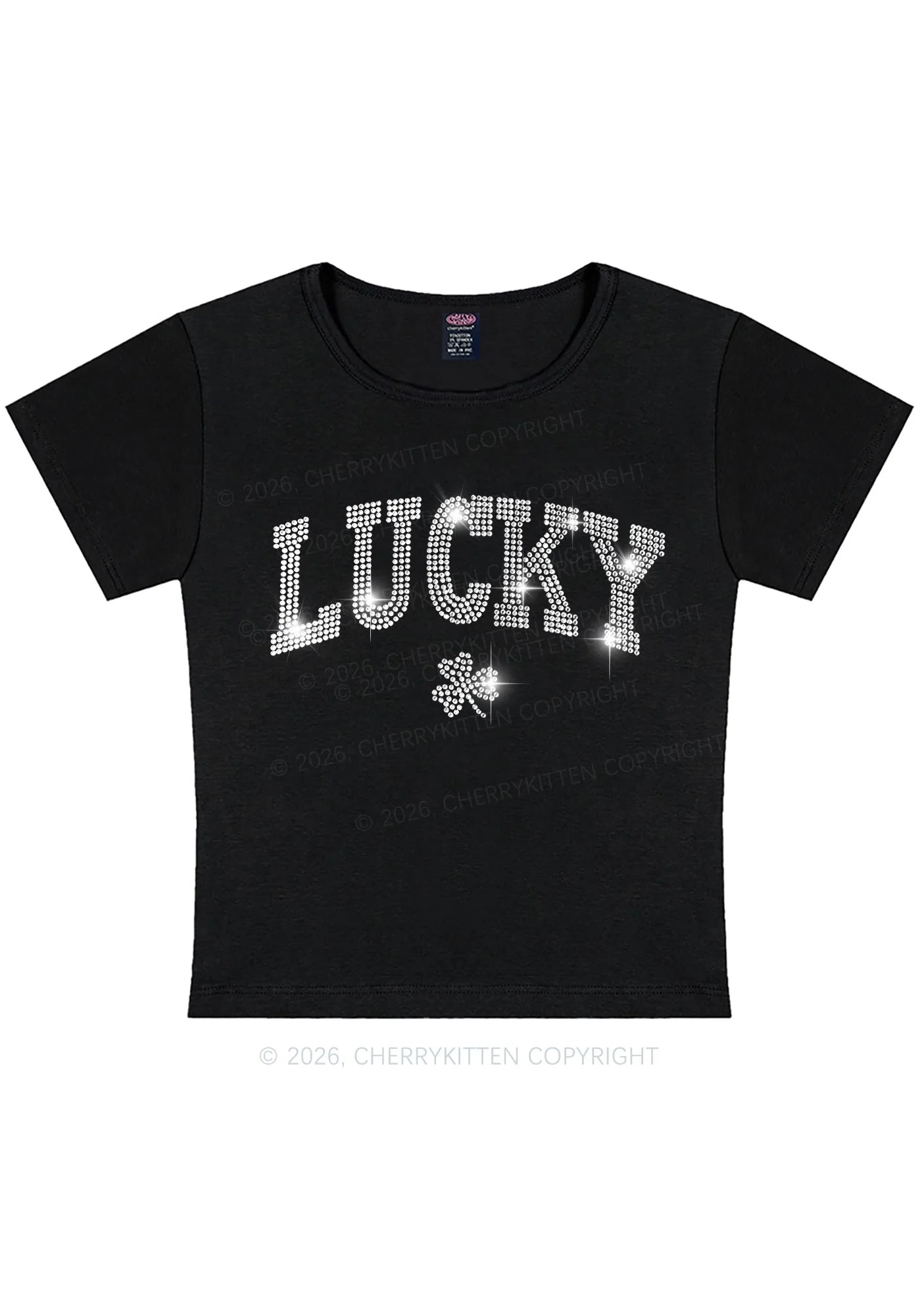 Rhinestone Lucky Shamrock St Patricks Y2K Baby Tee Cherrykitten - Image 3