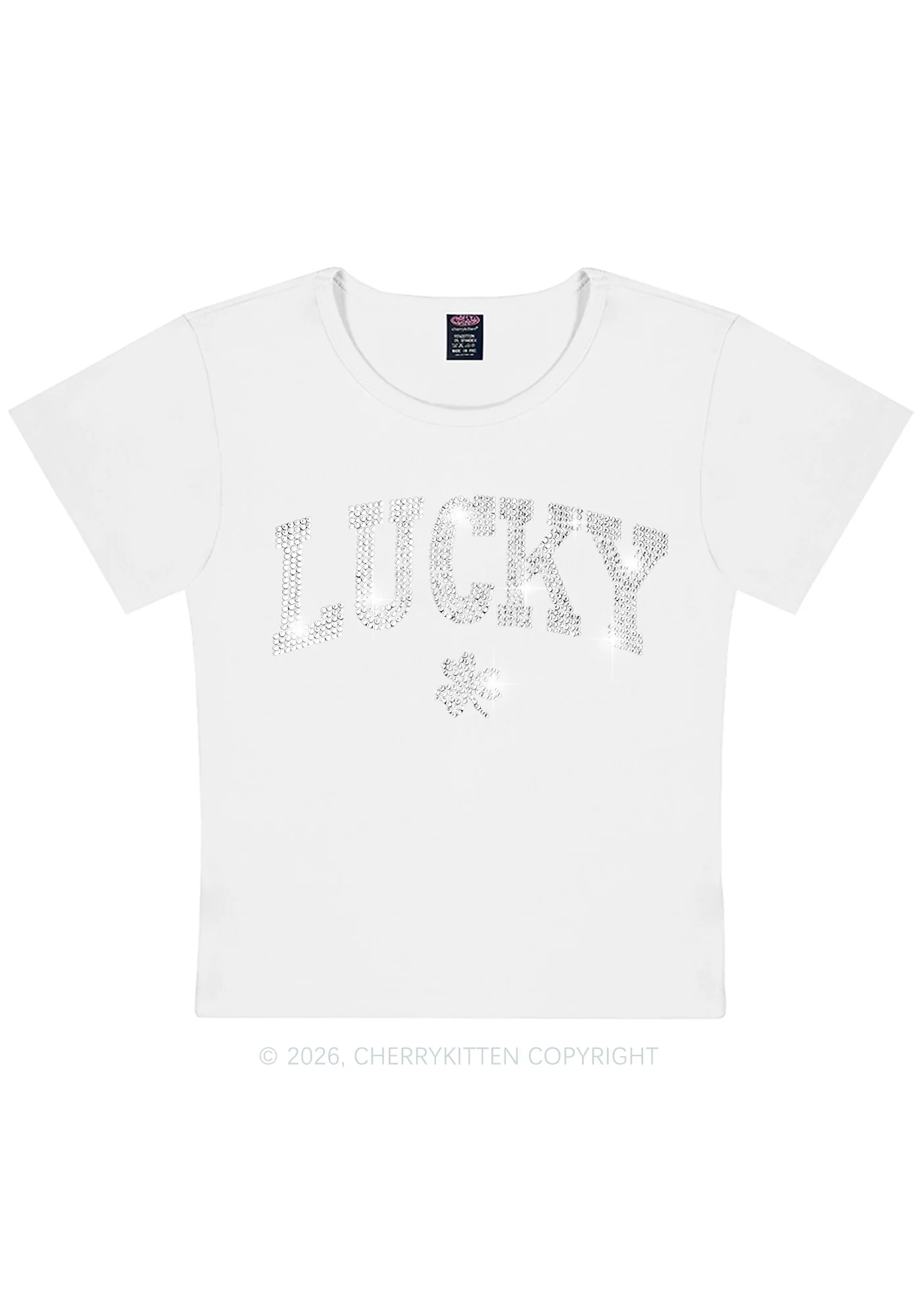 Rhinestone Lucky Shamrock St Patricks Y2K Baby Tee Cherrykitten - Image 4