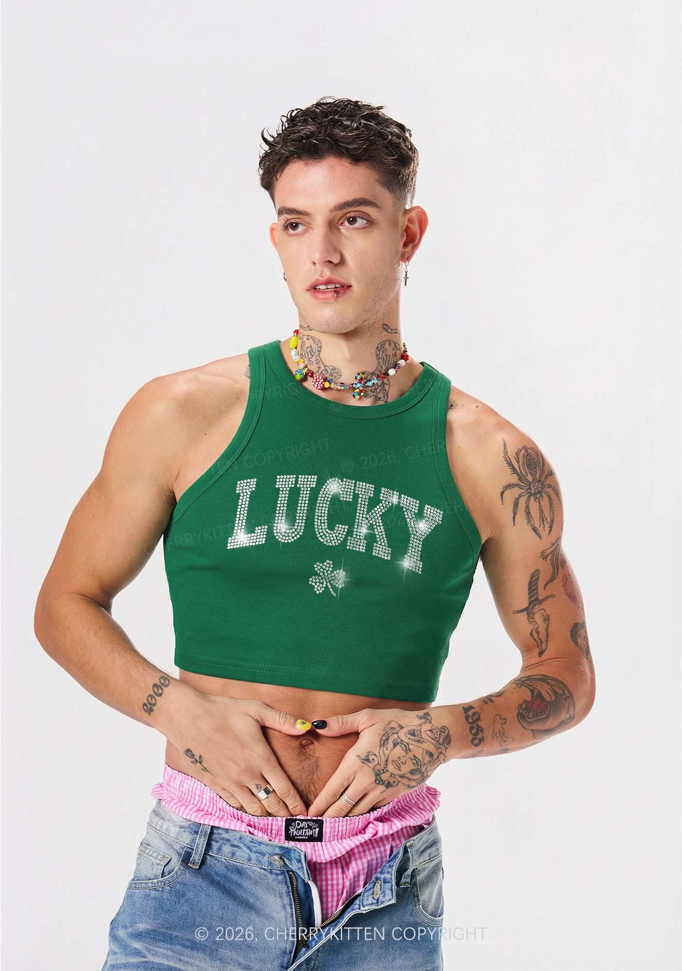 Rhinestone Lucky Shamrock St Patricks Y2K Crop Tank Top Cherrykitten - Image 2