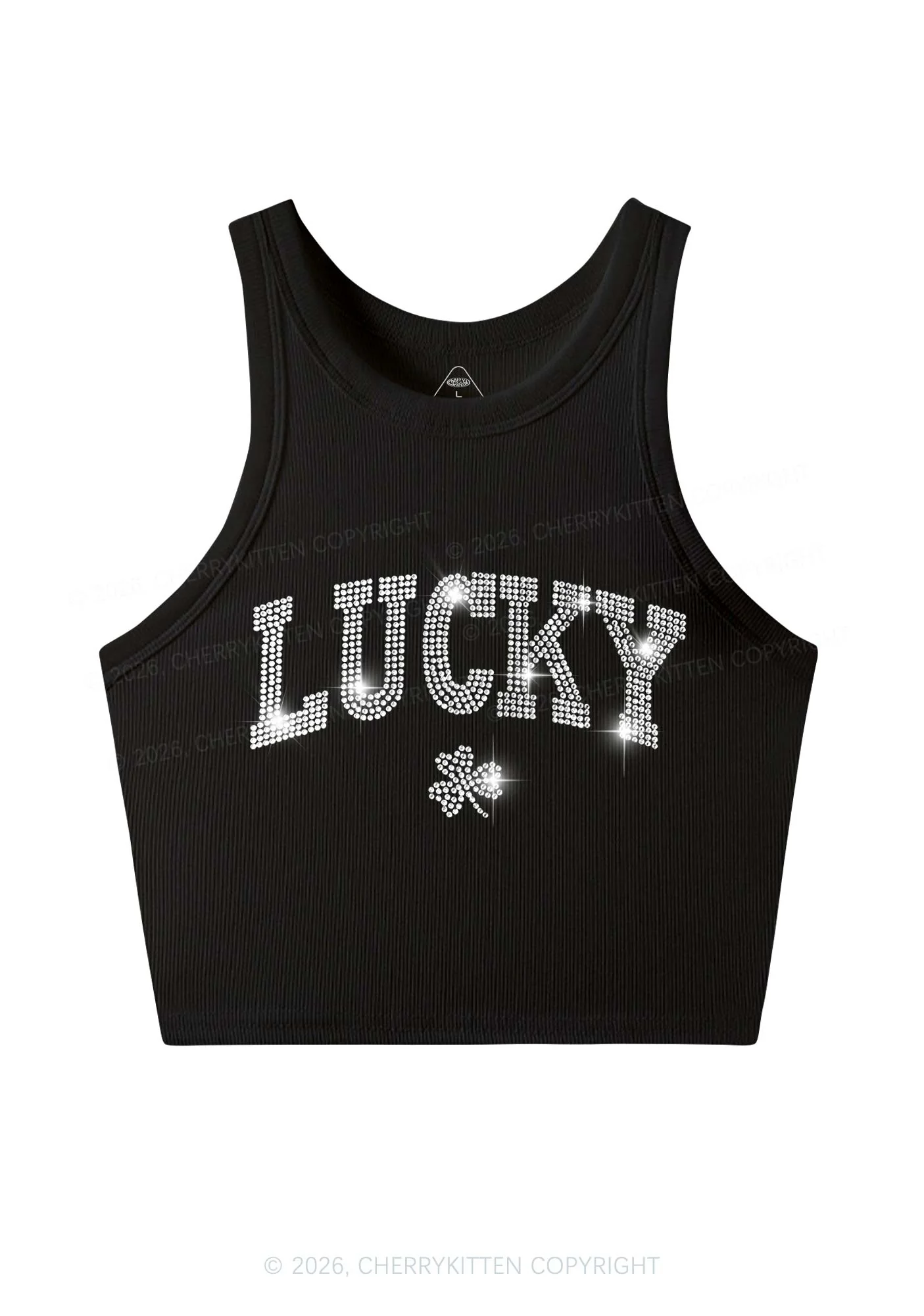 Rhinestone Lucky Shamrock St Patricks Y2K Crop Tank Top Cherrykitten - Image 3