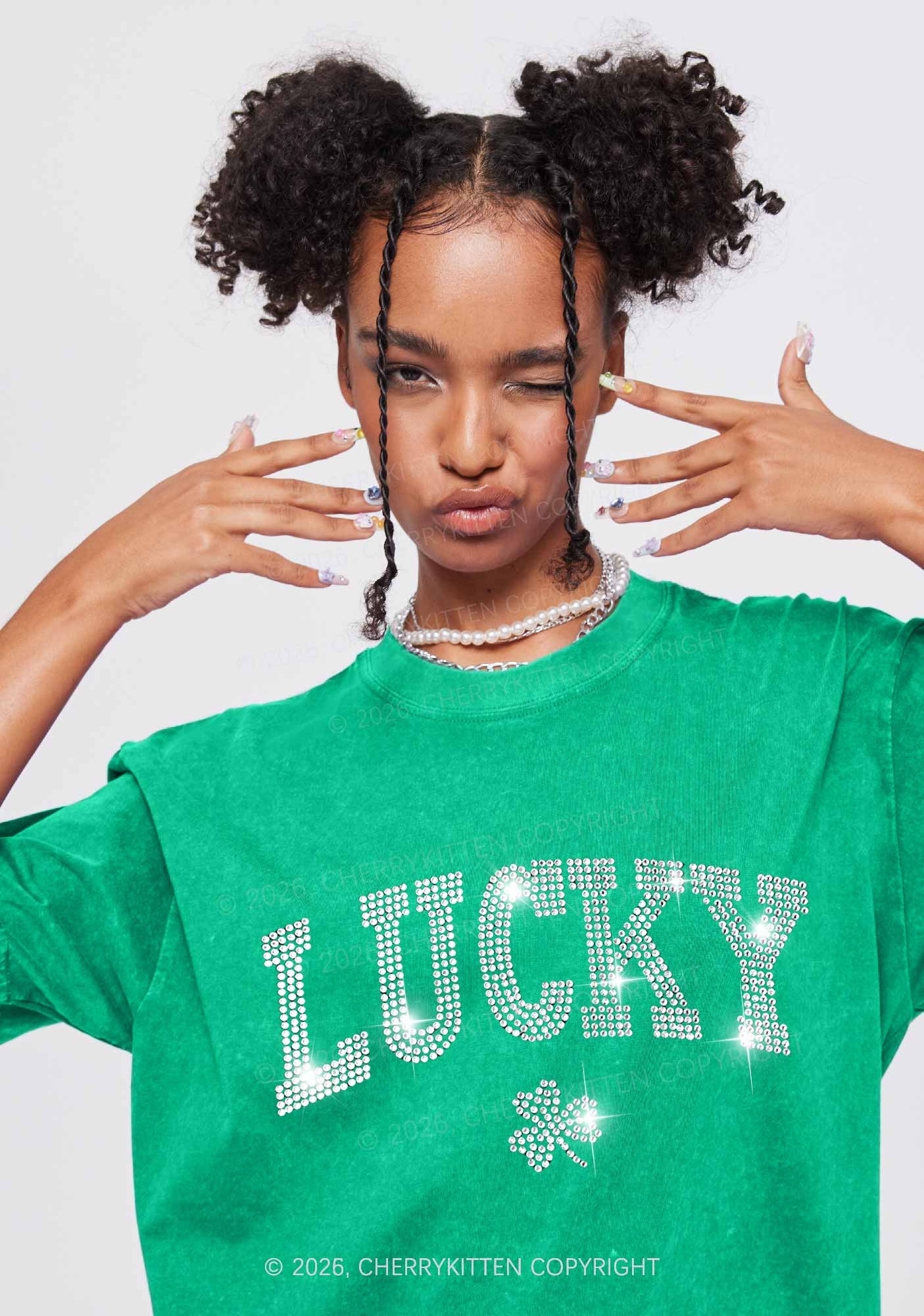 Rhinestone Lucky Shamrock St Patricks Y2K Shirts Washed Tee Cherrykitten - Image 2