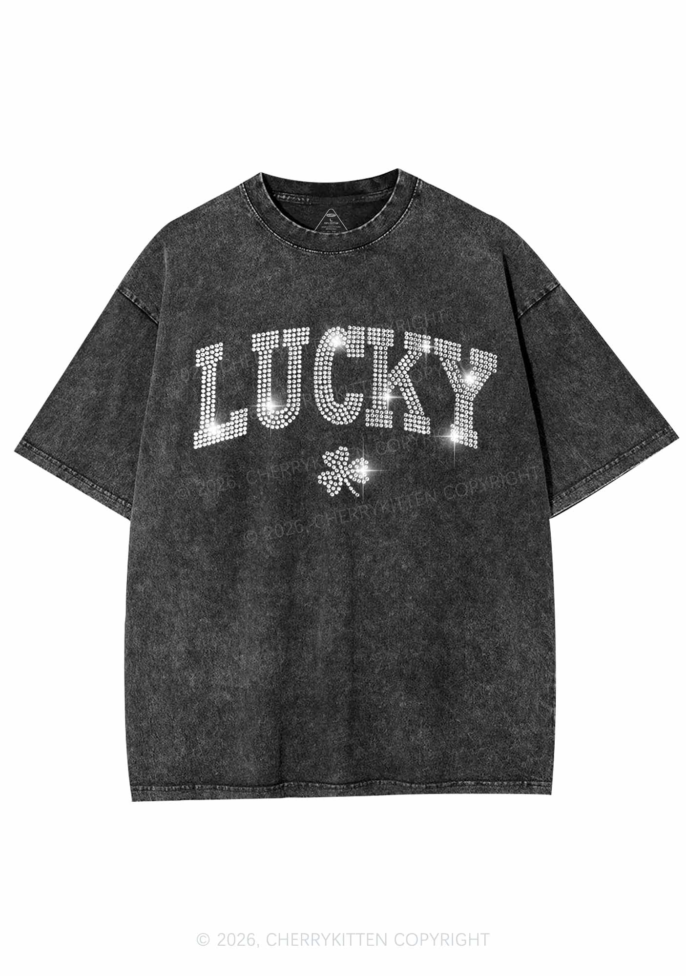 Rhinestone Lucky Shamrock St Patricks Y2K Shirts Washed Tee Cherrykitten - Image 3