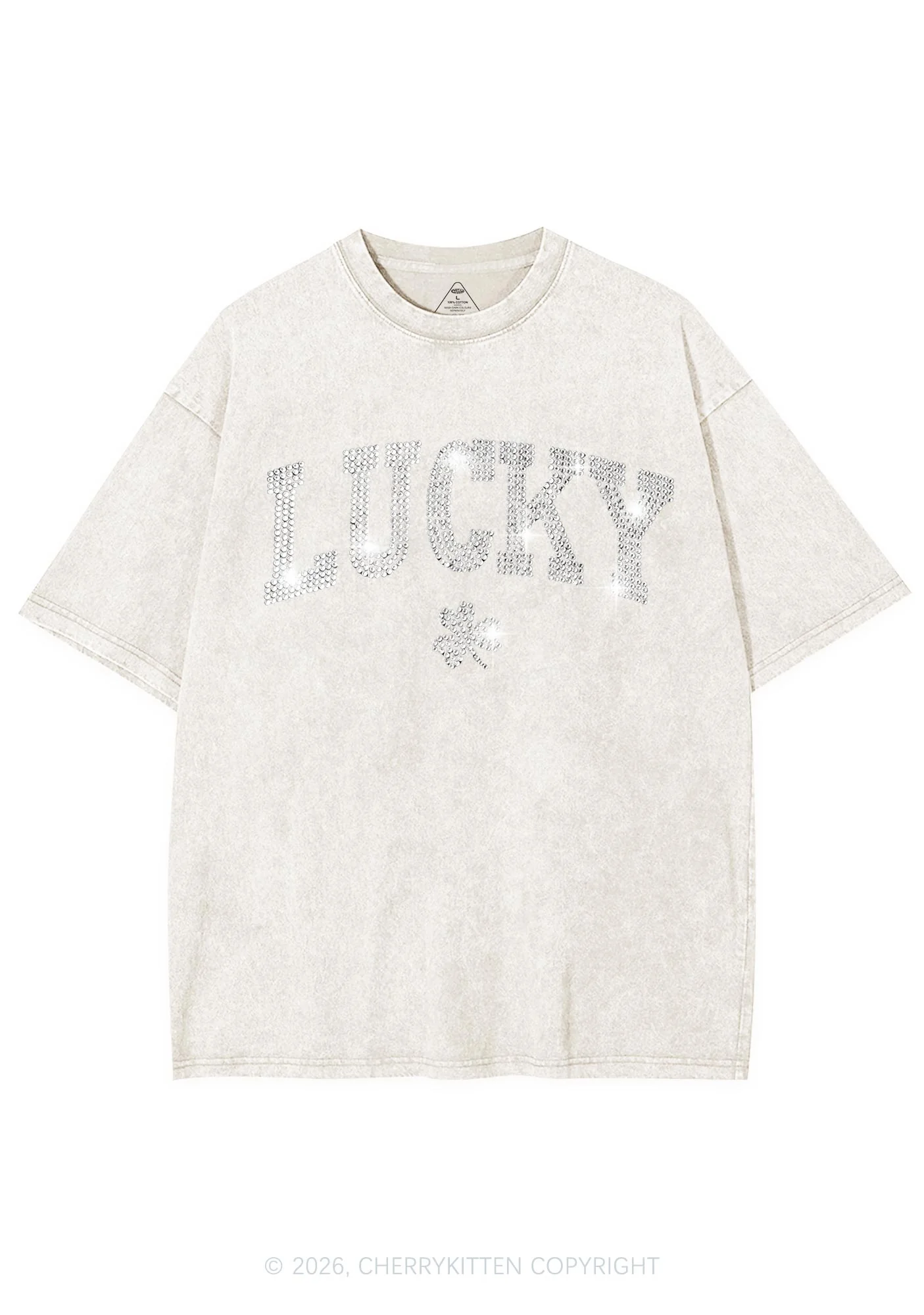 Rhinestone Lucky Shamrock St Patricks Y2K Shirts Washed Tee Cherrykitten - Image 4