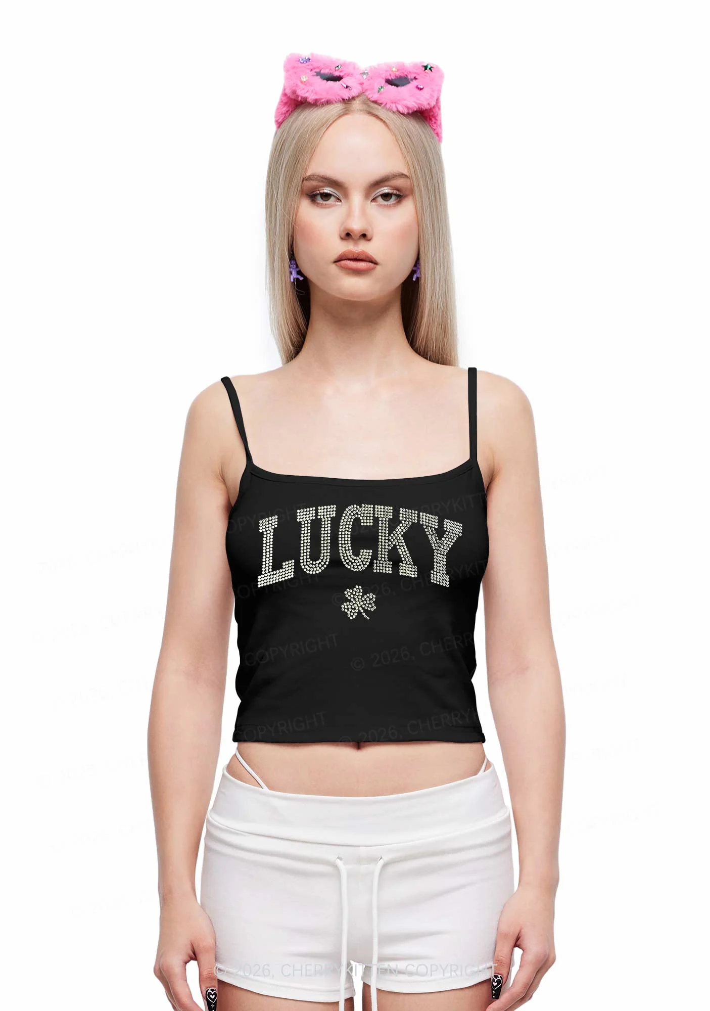 Rhinestone Lucky Shamrock St Patricks Y2K Spaghetti Strap Cami Cherrykitten - Image 2