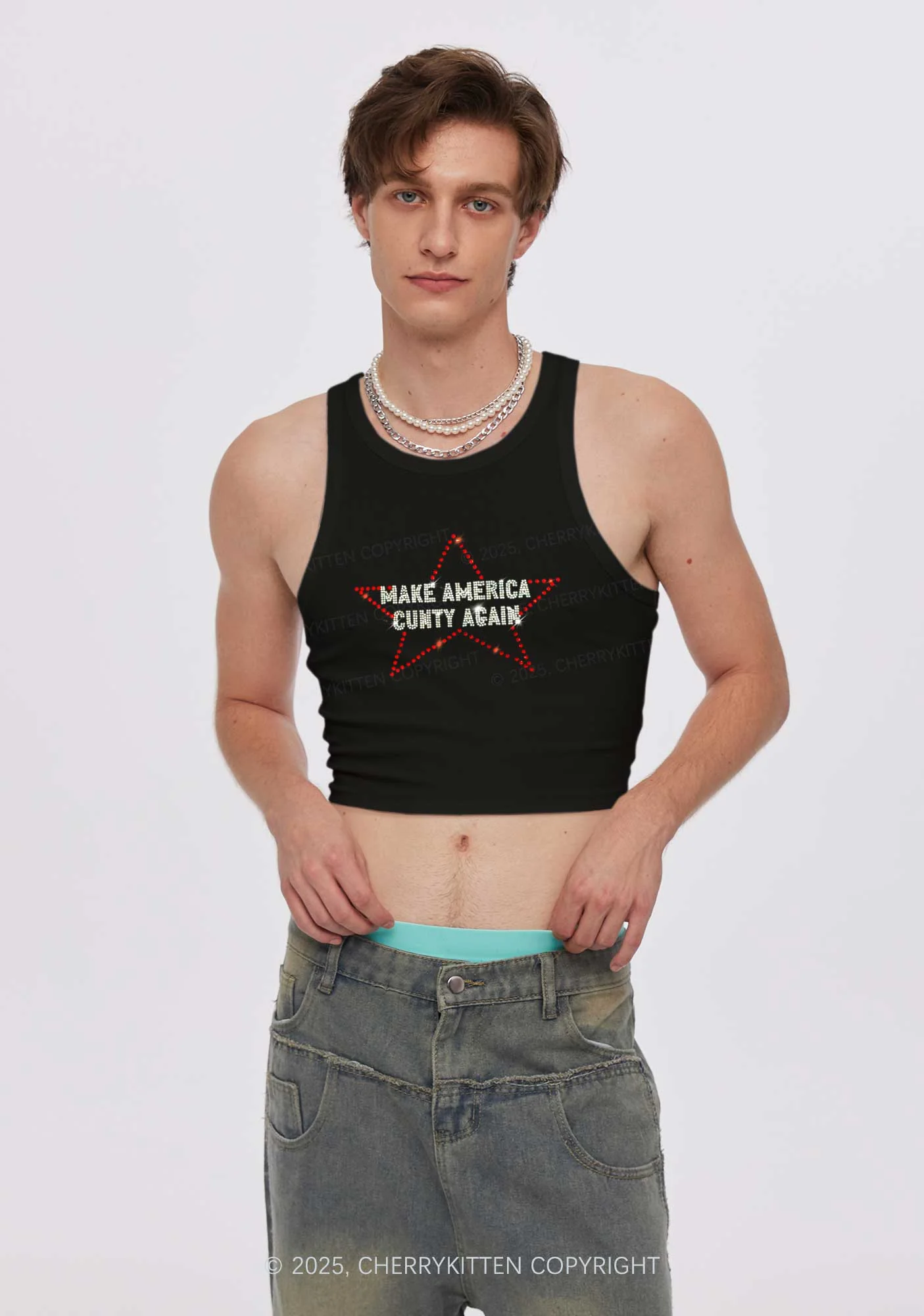 Rhinestone Make America Cxxty Again Y2K Crop Tank Top Cherrykitten - Image 2