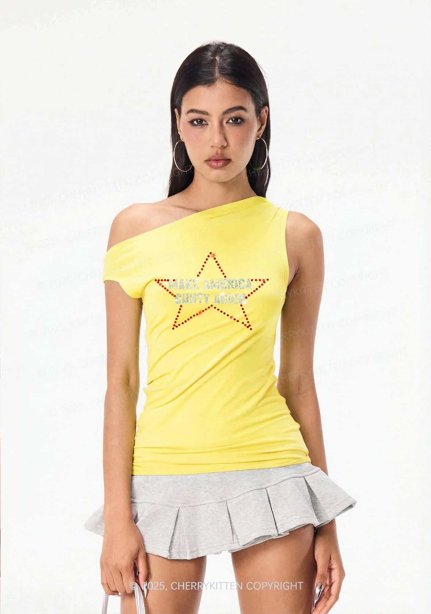 Rhinestone Make America Cxxty Again Y2K Off Shoulder Tank Top Cherrykitten - Image 2