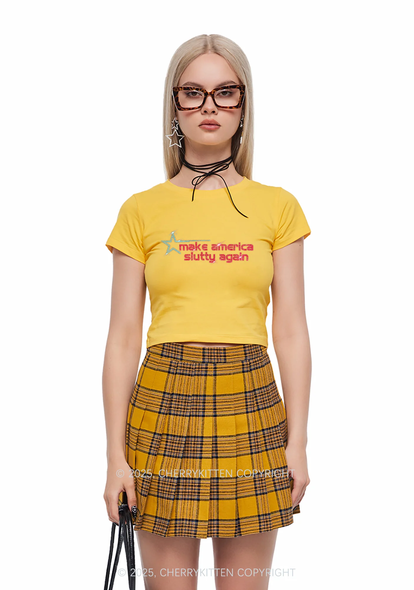 Rhinestone Make America Slxtty Again Y2K Baby Tee Cherrykitten - Image 2