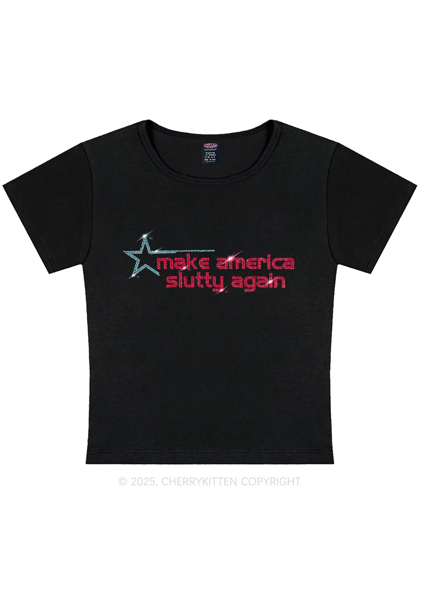 Rhinestone Make America Slxtty Again Y2K Baby Tee Cherrykitten - Image 3