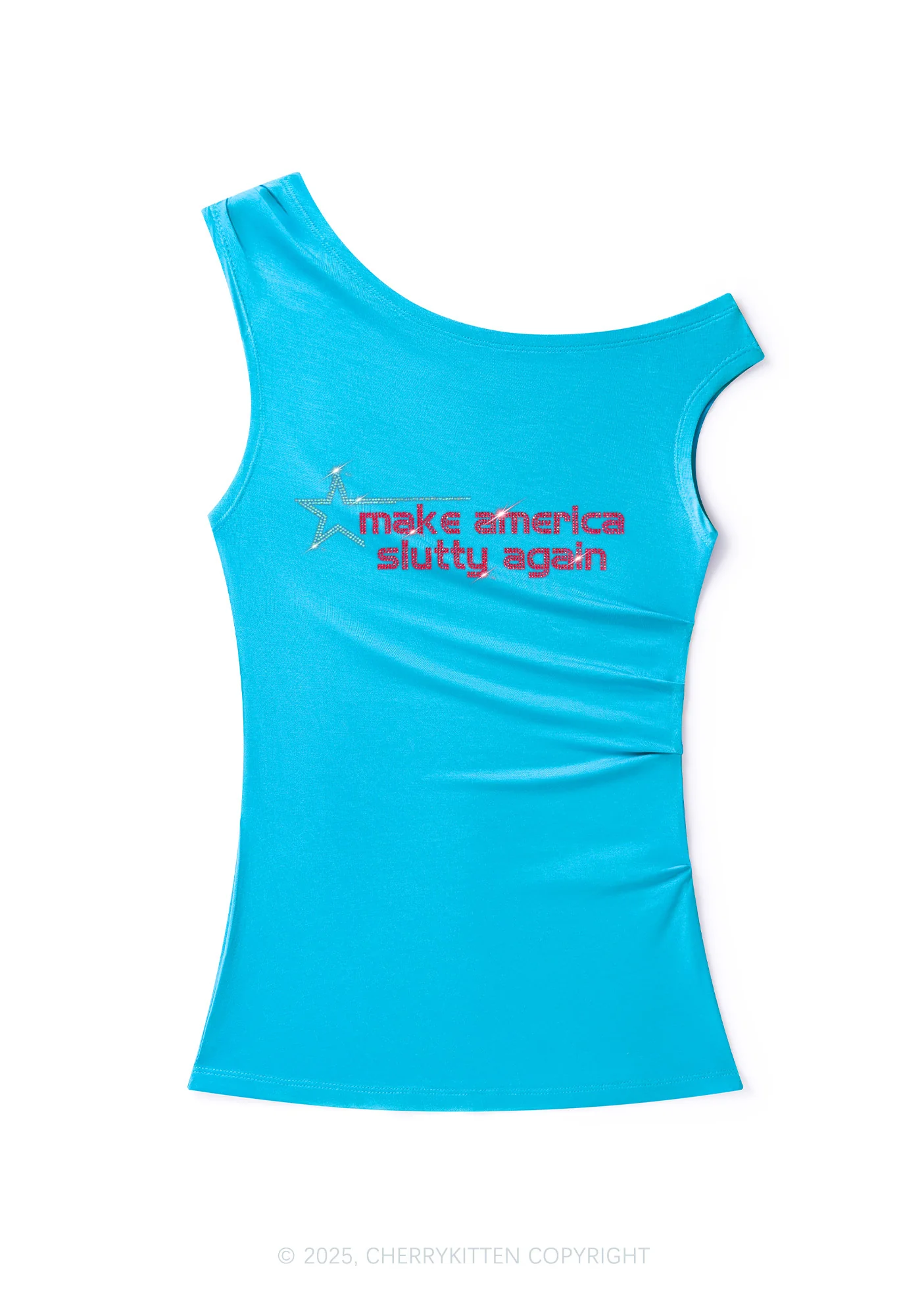 Rhinestone Make America Slxtty Again Y2K Off Shoulder Tank Top Cherrykitten - Image 3