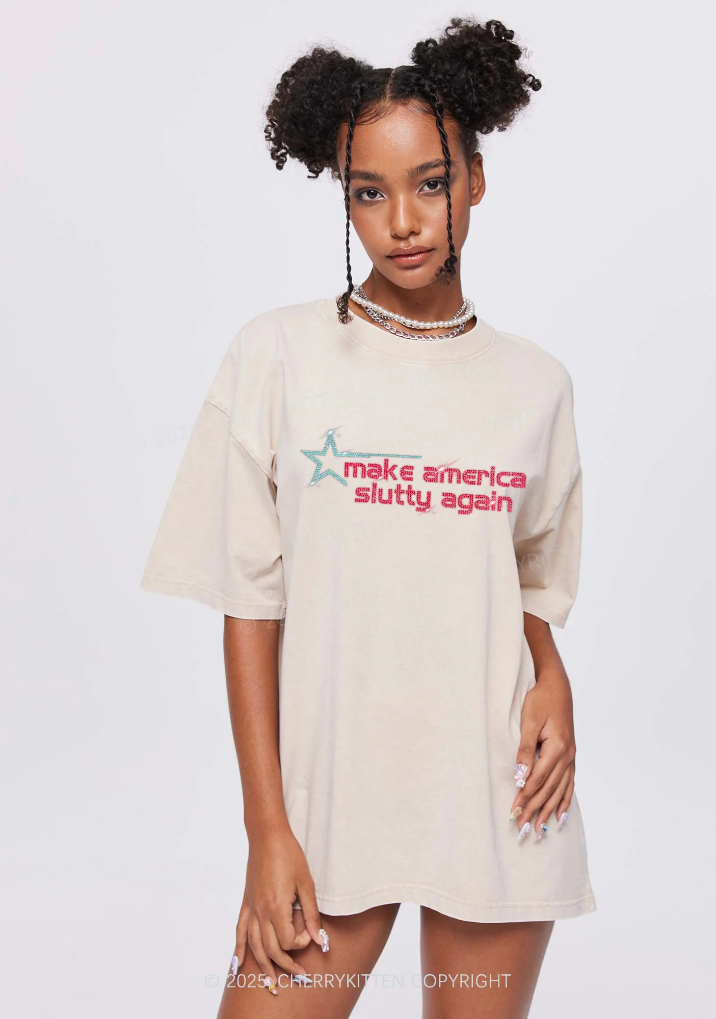 Rhinestone Make America Slxtty Again Y2K Shirts Washed Tee Cherrykitten - Image 2