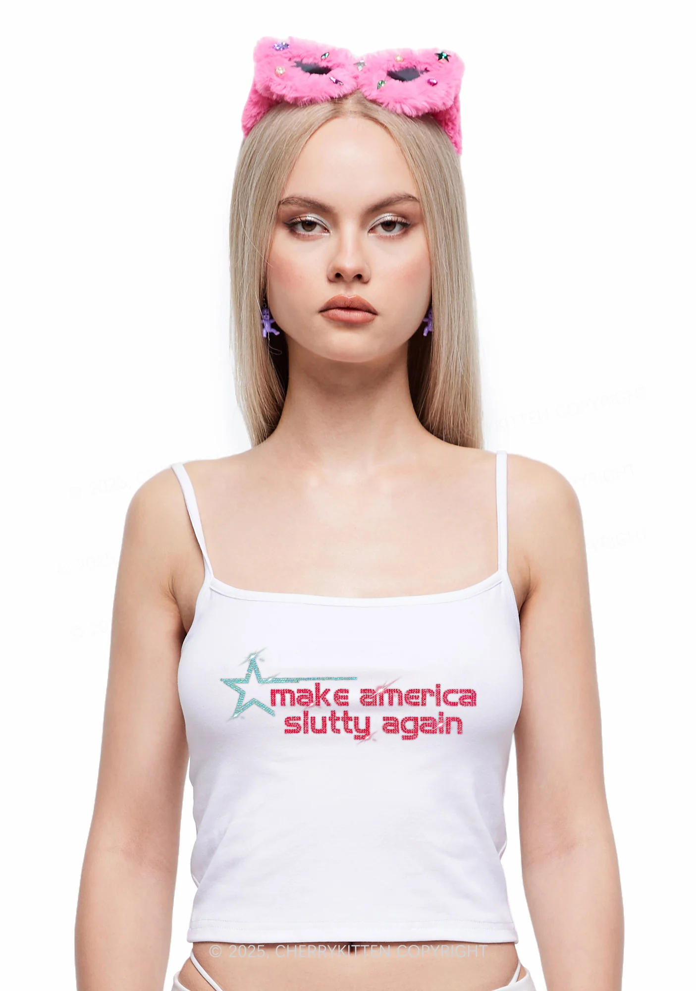 Rhinestone Make America Slxtty Again Y2K Spaghetti Strap Cami Cherrykitten - Image 2