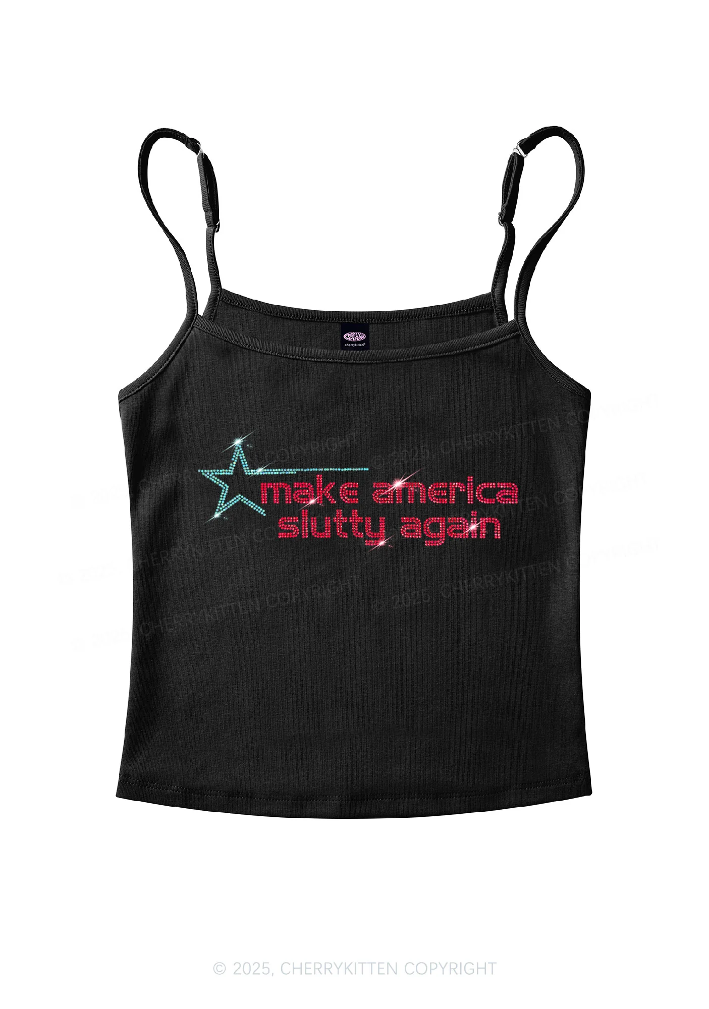 Rhinestone Make America Slxtty Again Y2K Spaghetti Strap Cami Cherrykitten - Image 3