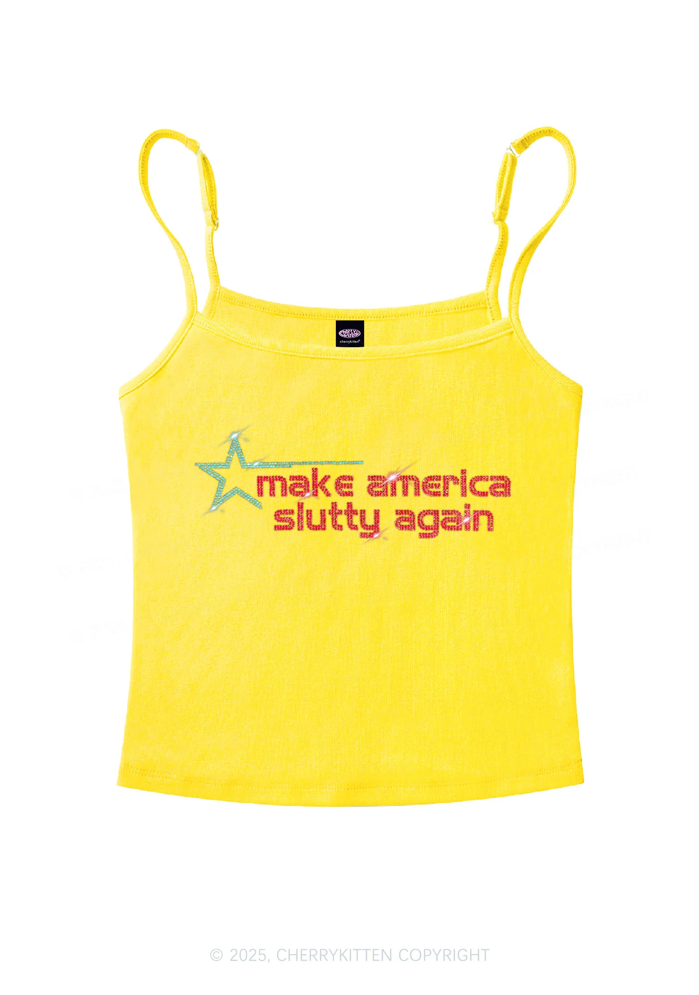 Rhinestone Make America Slxtty Again Y2K Spaghetti Strap Cami Cherrykitten - Image 4