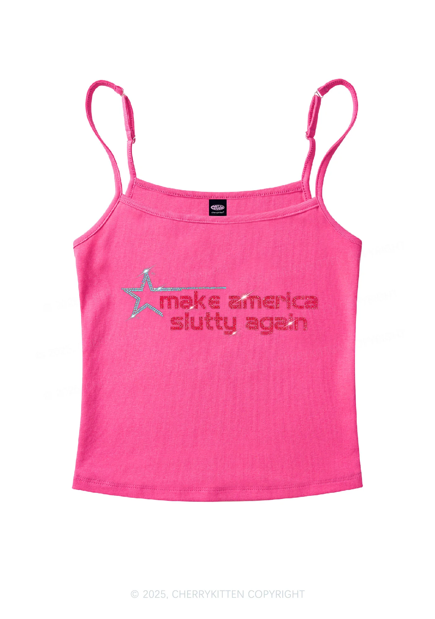 Rhinestone Make America Slxtty Again Y2K Spaghetti Strap Cami Cherrykitten - Image 6