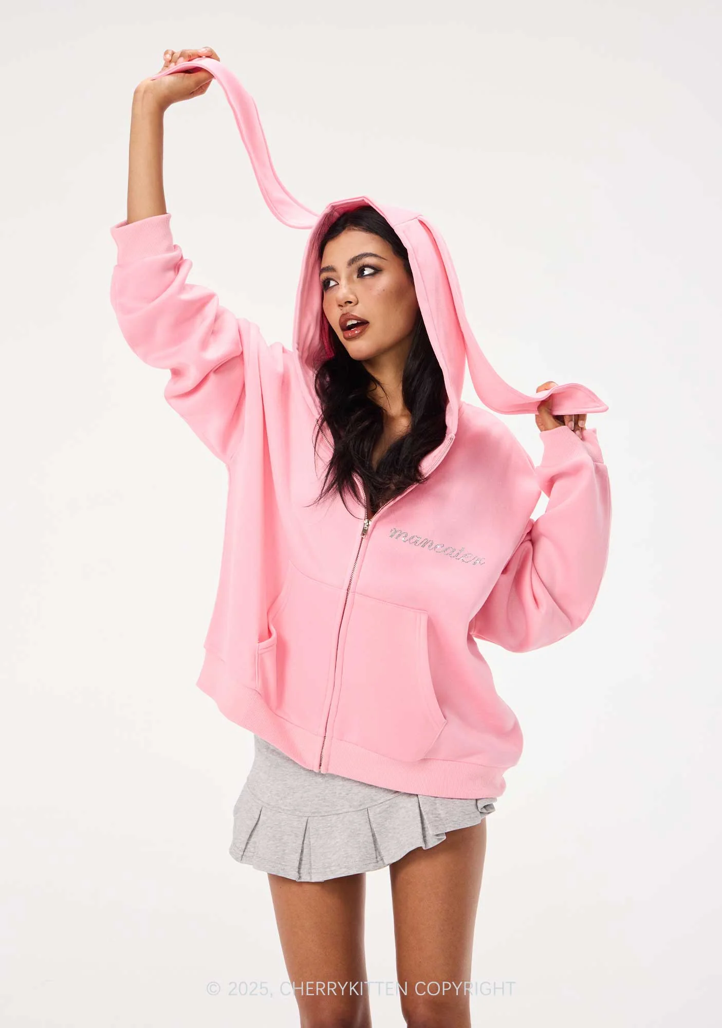 Rhinestone Maneater Skull Y2K Bunny Ear Zip Hoodie Cherrykitten - Image 2