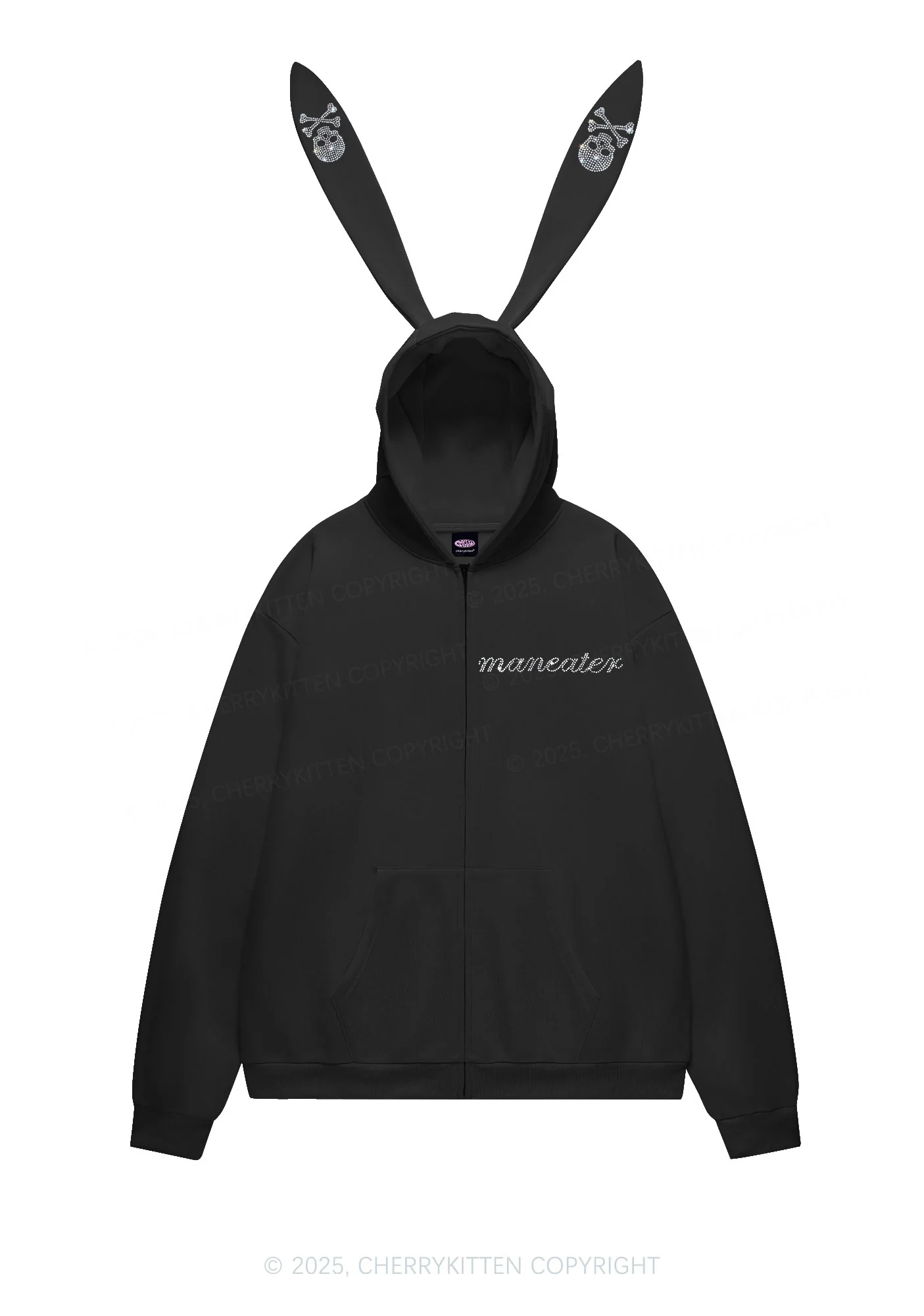 Rhinestone Maneater Skull Y2K Bunny Ear Zip Hoodie Cherrykitten - Image 3