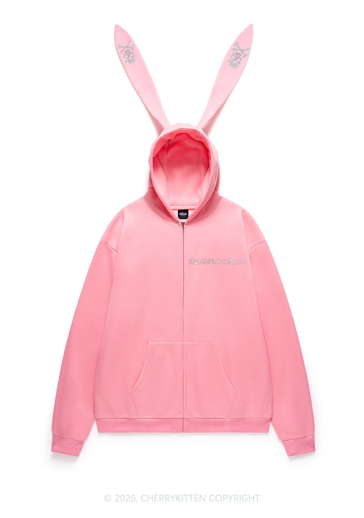 Rhinestone Maneater Skull Y2K Bunny Ear Zip Hoodie Cherrykitten - Image 4