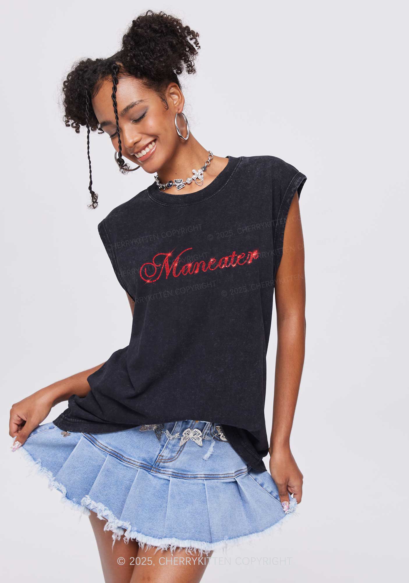 Rhinestone Maneater Y2K Washed Muscle Tank Cherrykitten - Image 2