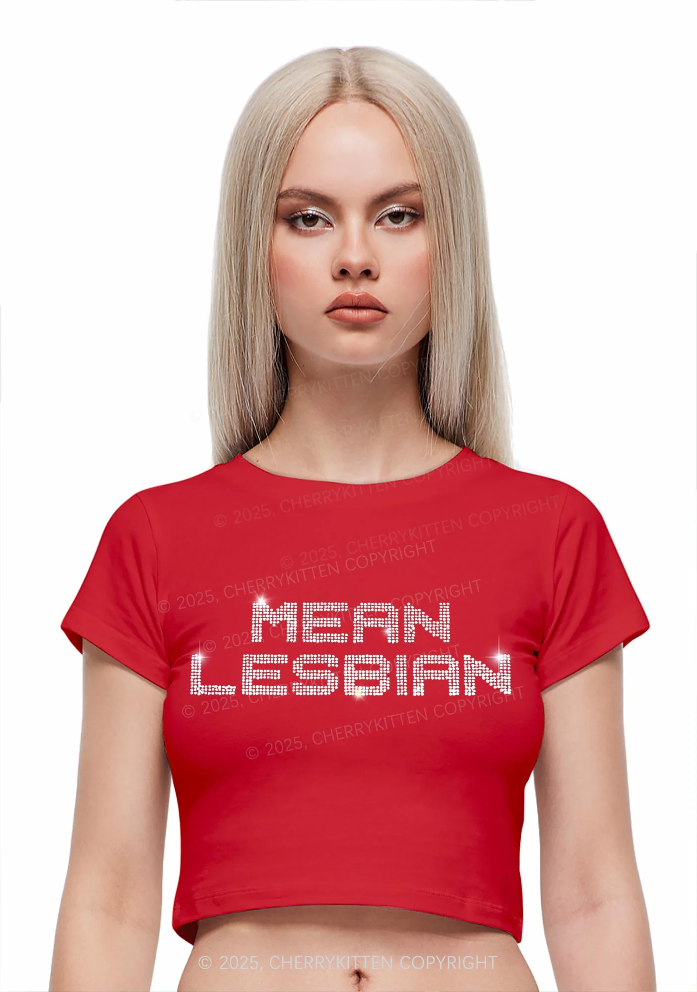 Rhinestone Mean Lesbian Pride Y2K Baby Tee Cherrykitten - Image 2