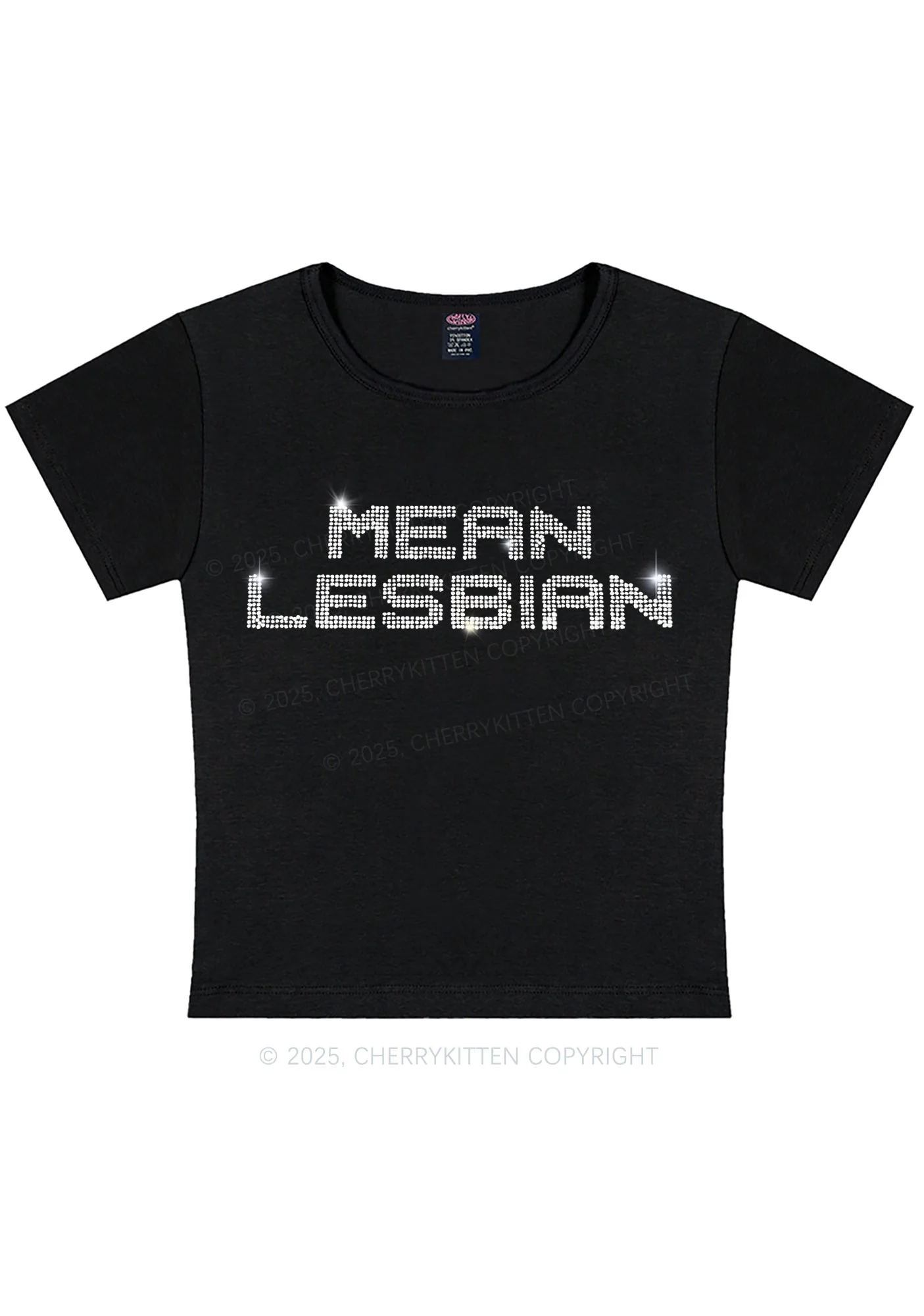 Rhinestone Mean Lesbian Pride Y2K Baby Tee Cherrykitten - Image 3