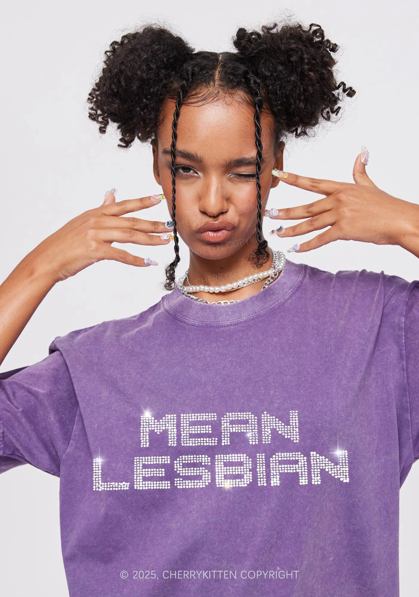 Rhinestone Mean Lesbian Pride Y2K Shirts Washed Tee Cherrykitten - Image 2