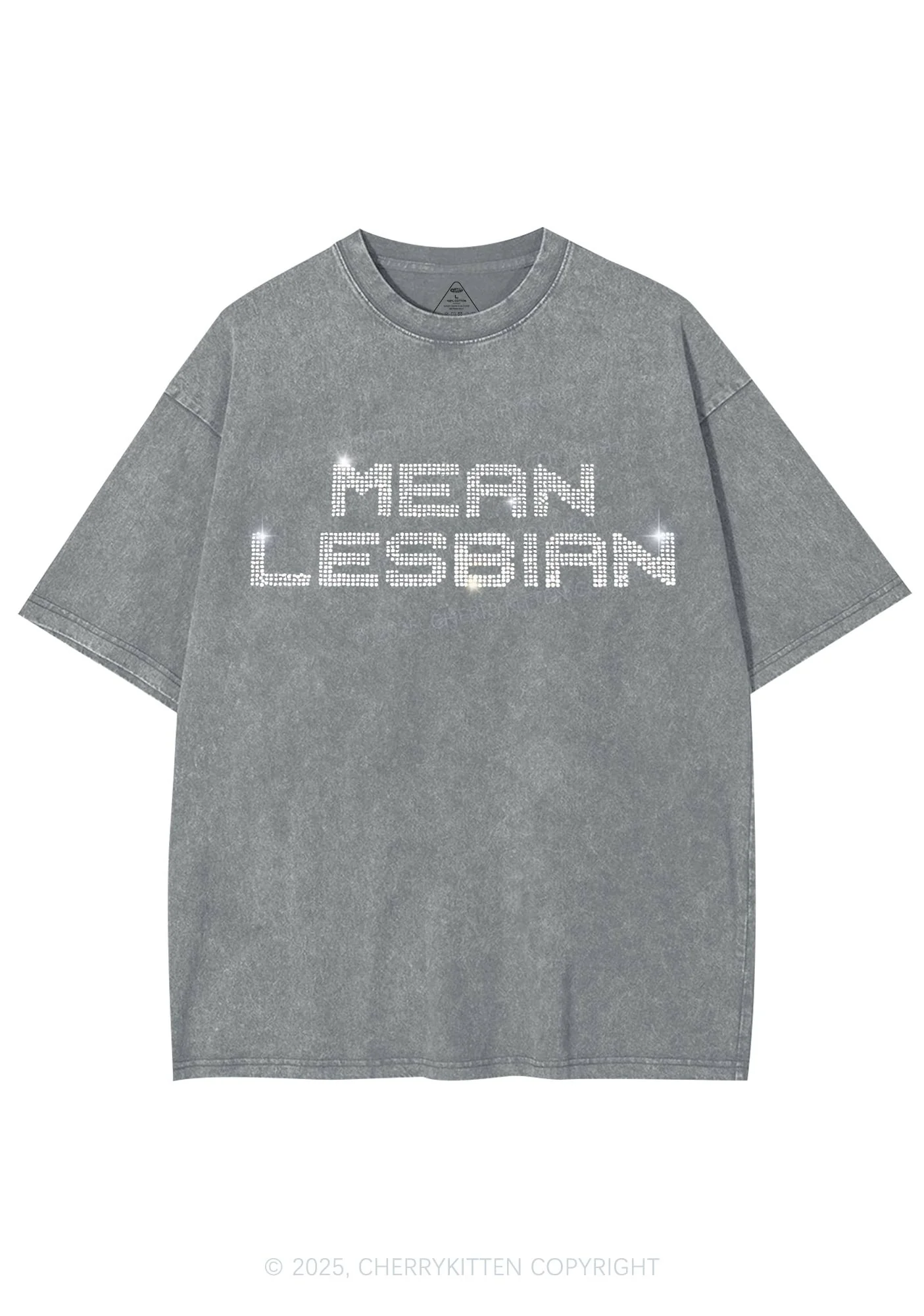 Rhinestone Mean Lesbian Pride Y2K Shirts Washed Tee Cherrykitten - Image 7