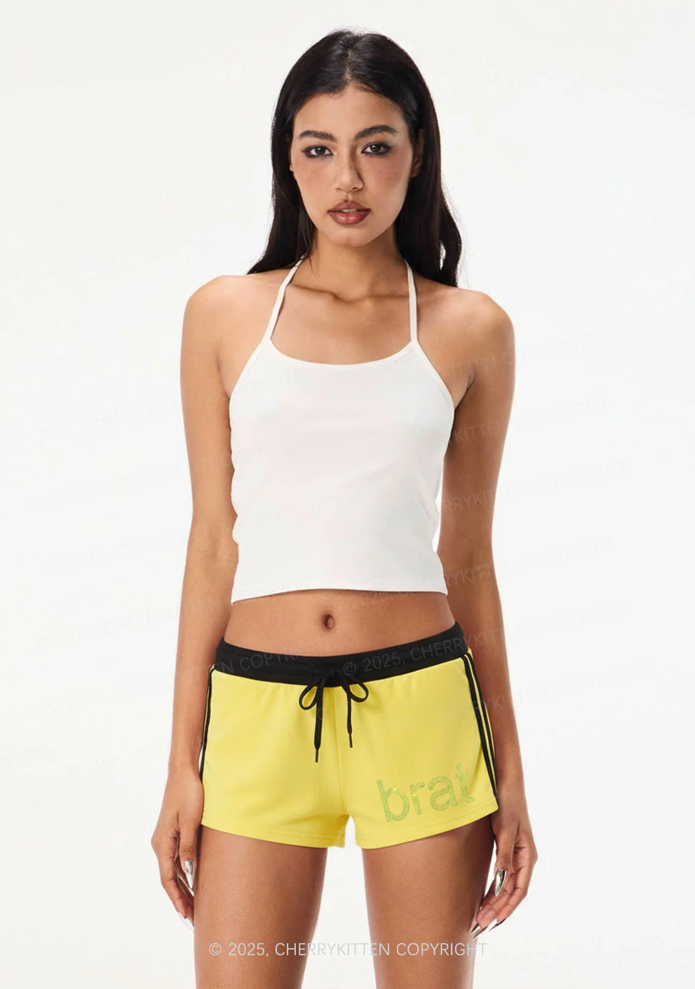 Rhinestone Mini Green Brat Y2K Drawstring Mini Shorts Cherrykitten - Image 2