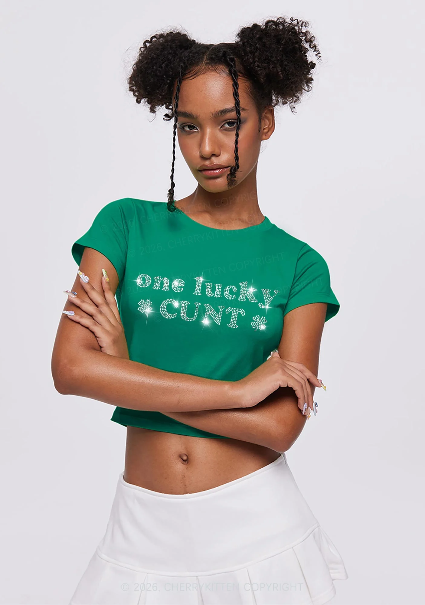 Rhinestone One Lucky Cxxt St Patricks Y2K Baby Tee Cherrykitten - Image 2