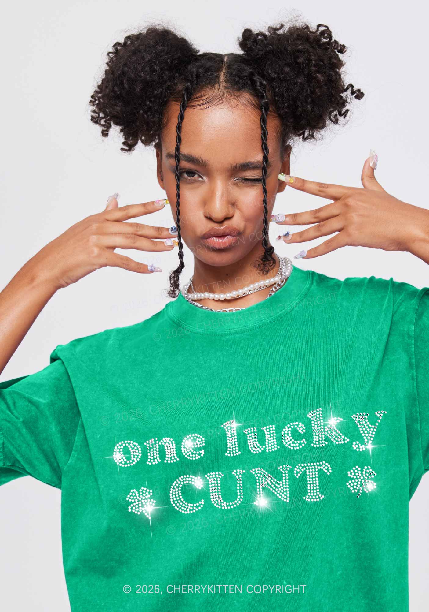 Rhinestone One Lucky Cxxt St Patricks Y2K Shirts Washed Tee Cherrykitten - Image 2