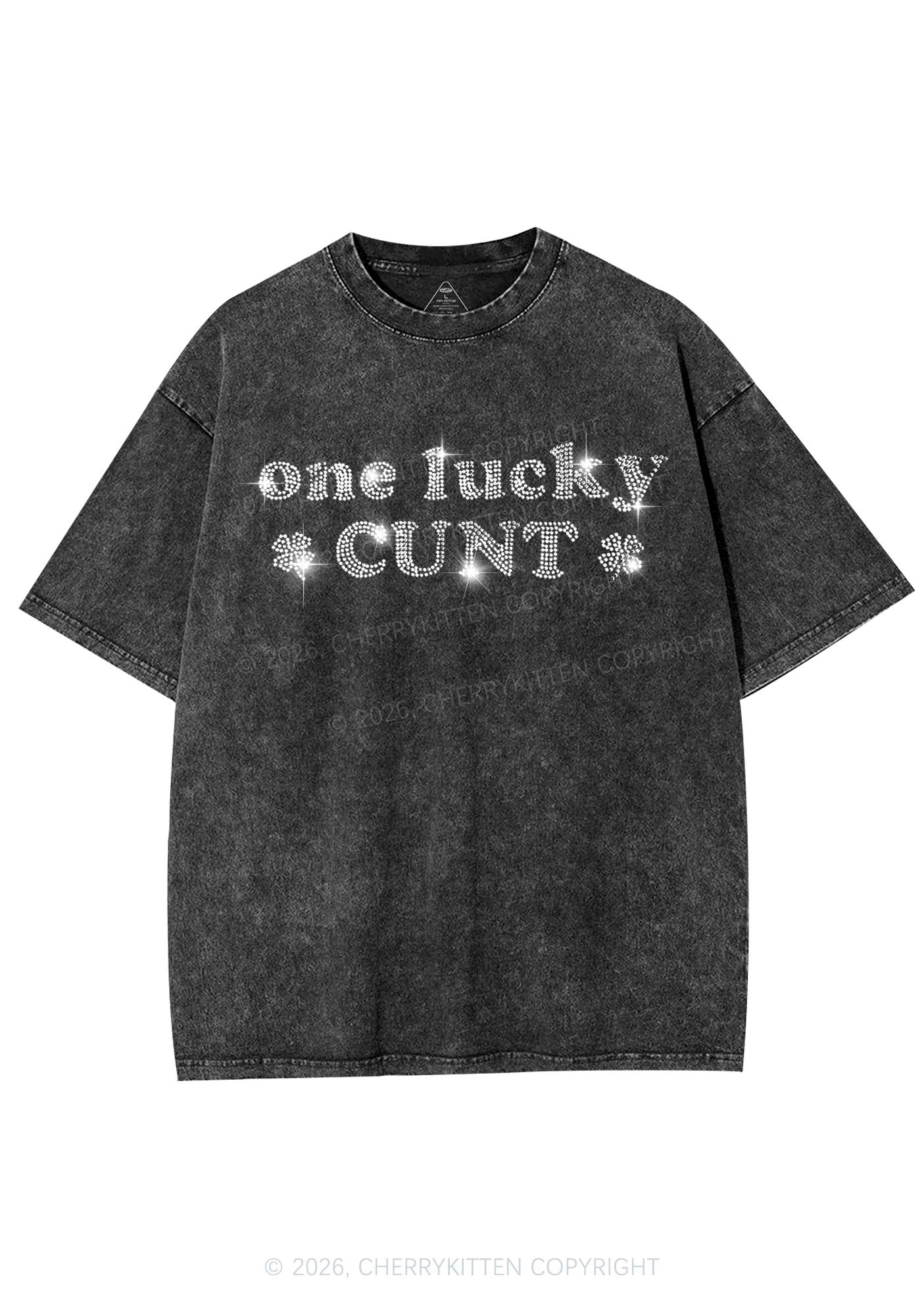 Rhinestone One Lucky Cxxt St Patricks Y2K Shirts Washed Tee Cherrykitten - Image 3