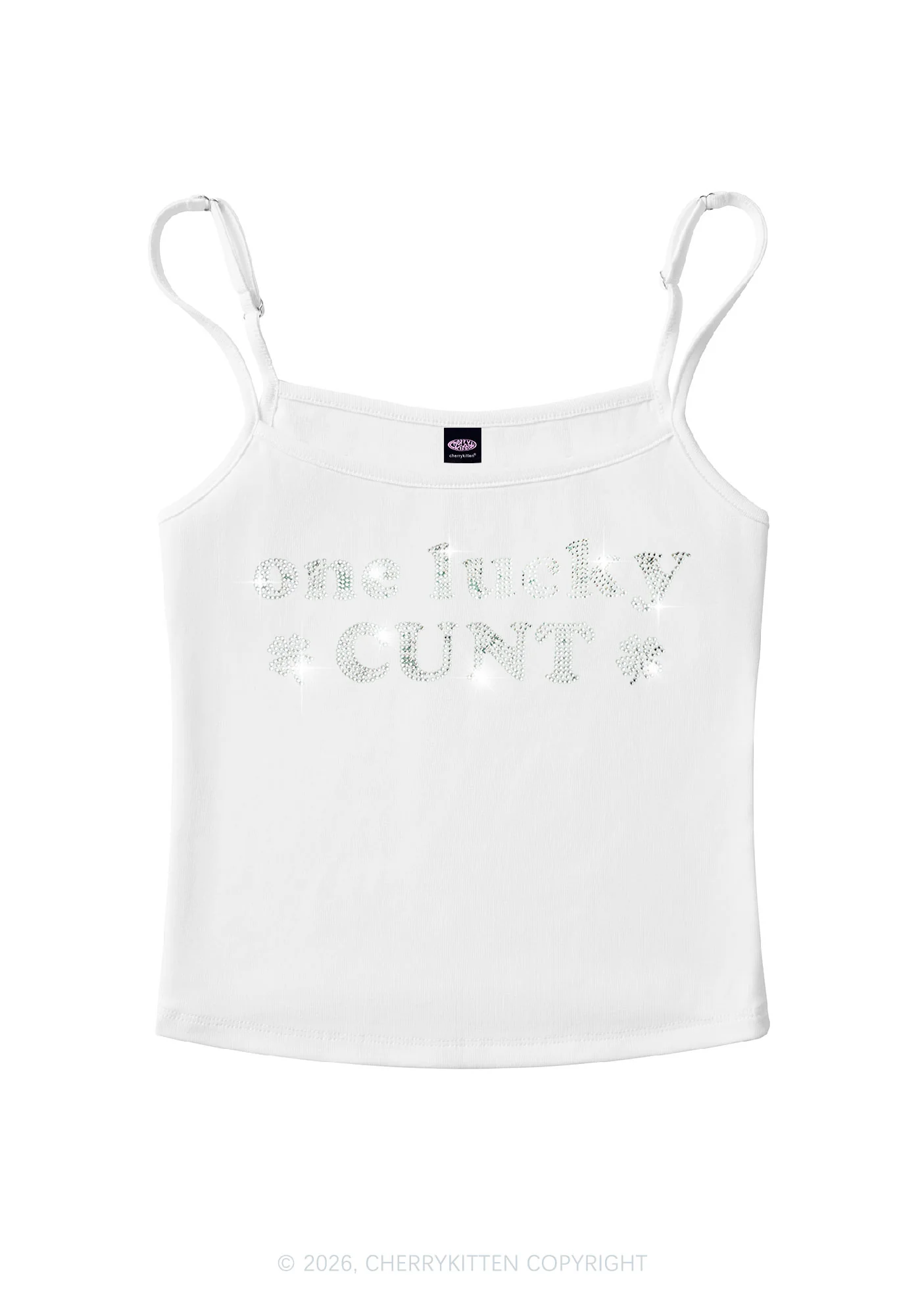 Rhinestone One Lucky Cxxt St Patricks Y2K Spaghetti Strap Cami Cherrykitten - Image 3