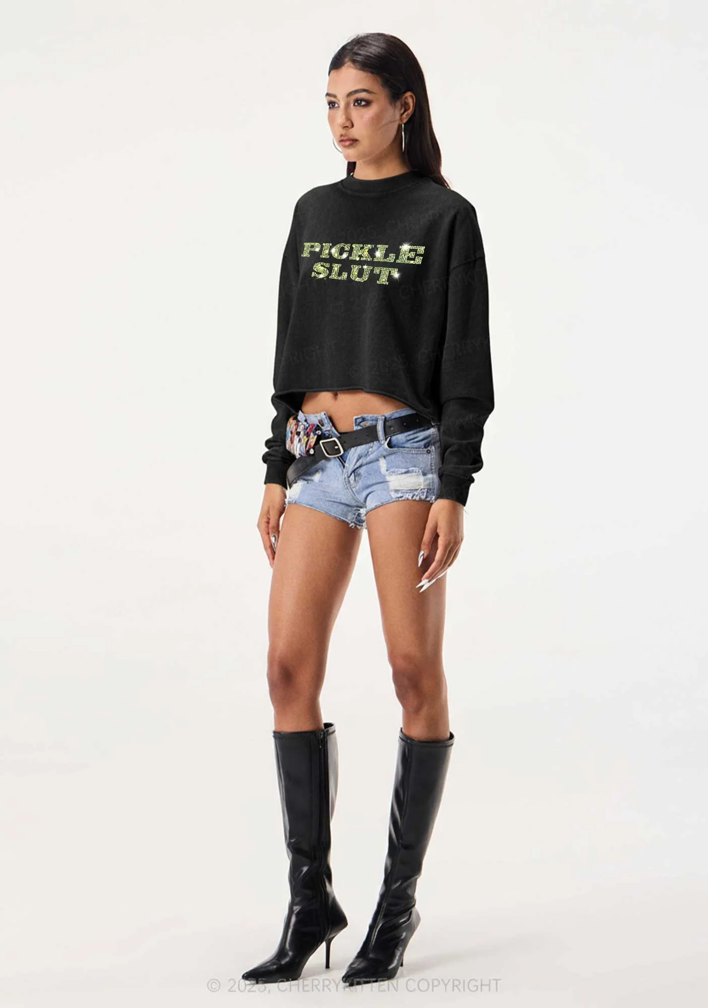 Rhinestone Pickle Slxt Y2K Crop Washed Sweatshirts Cherrykitten - Image 2