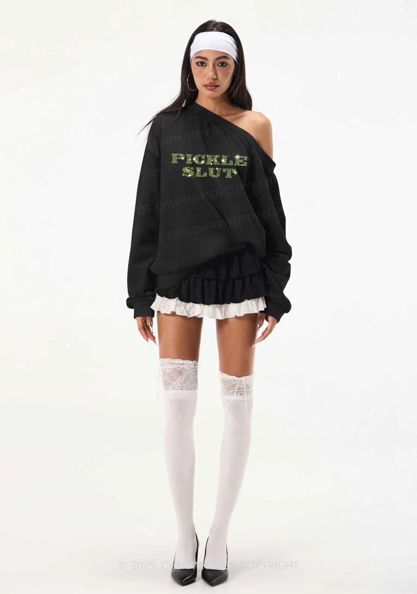 Rhinestone Pickle Slxt Y2K Off Shoulder Sweatshirts Cherrykitten - Image 2
