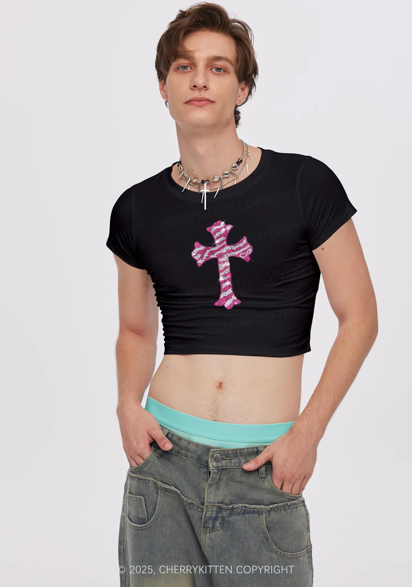 Rhinestone Pink Cross Y2K Baby Tee Cherrykitten - Image 3