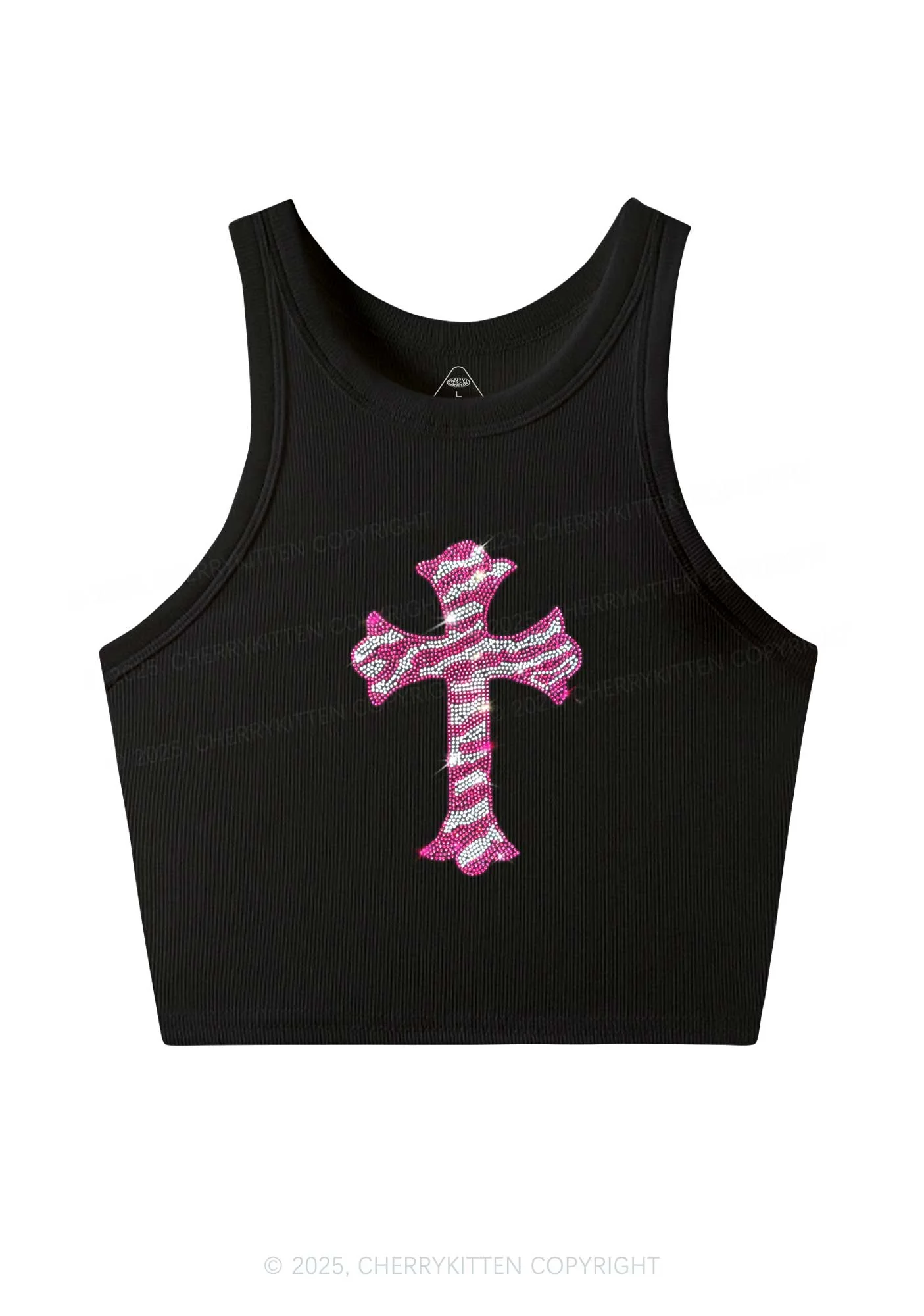 Rhinestone Pink Cross Y2K Crop Tank Top Cherrykitten - Image 3