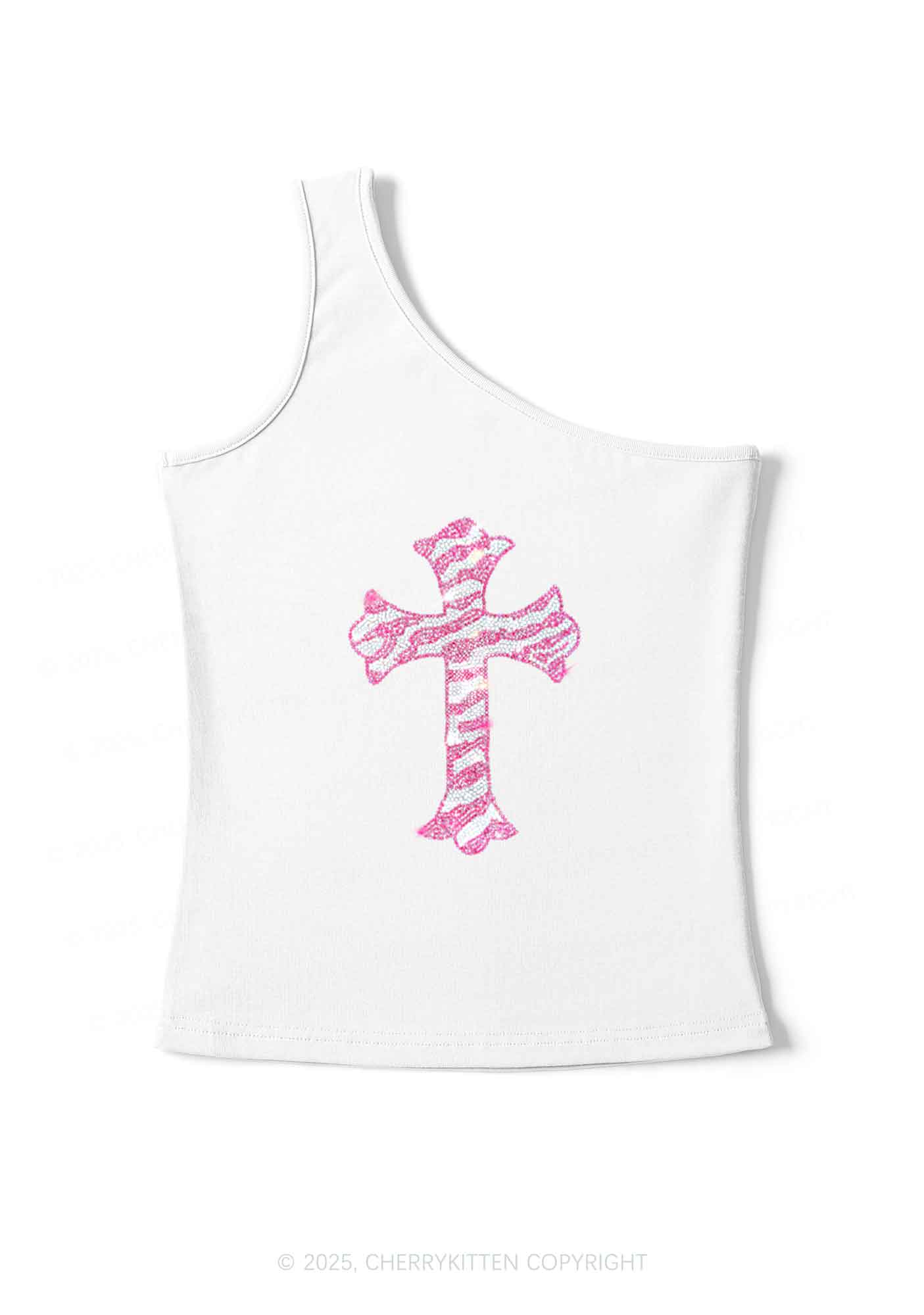 Rhinestone Pink Cross Y2K One Shoulder Tank Top Cherrykitten - Image 2