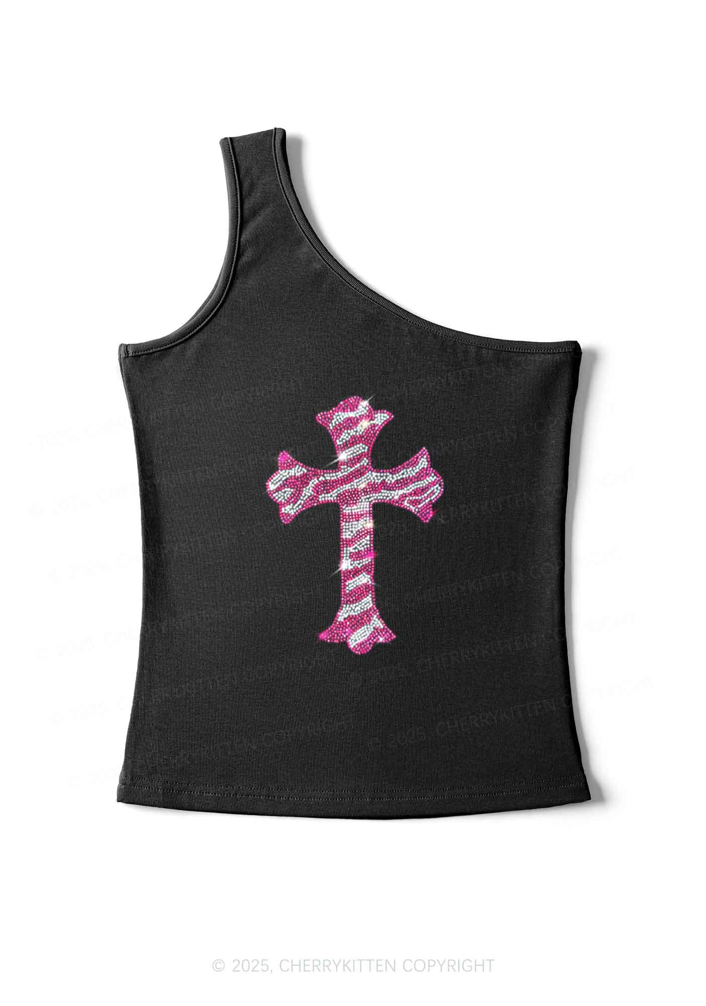 Rhinestone Pink Cross Y2K One Shoulder Tank Top Cherrykitten - Image 3