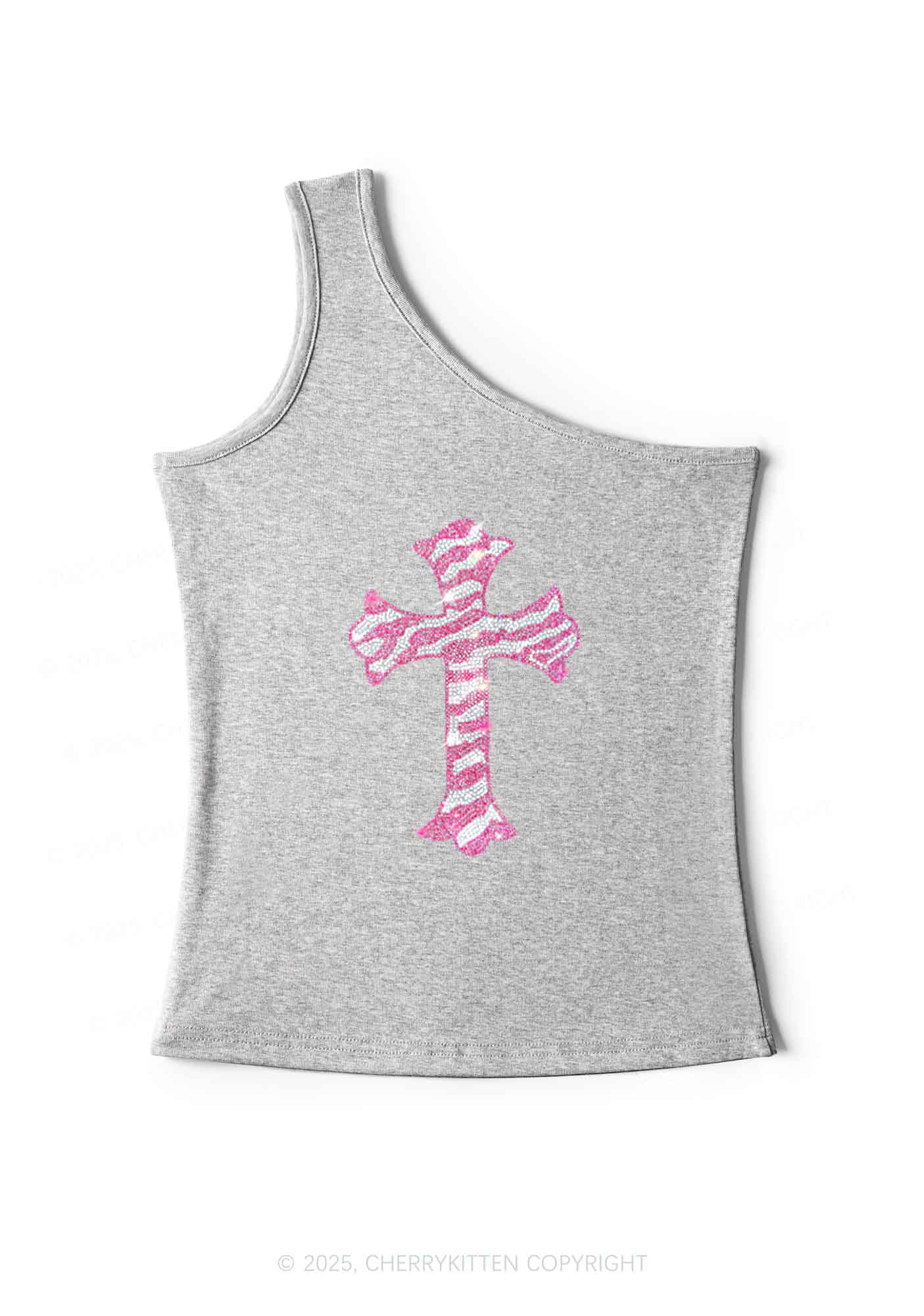 Rhinestone Pink Cross Y2K One Shoulder Tank Top Cherrykitten - Image 4